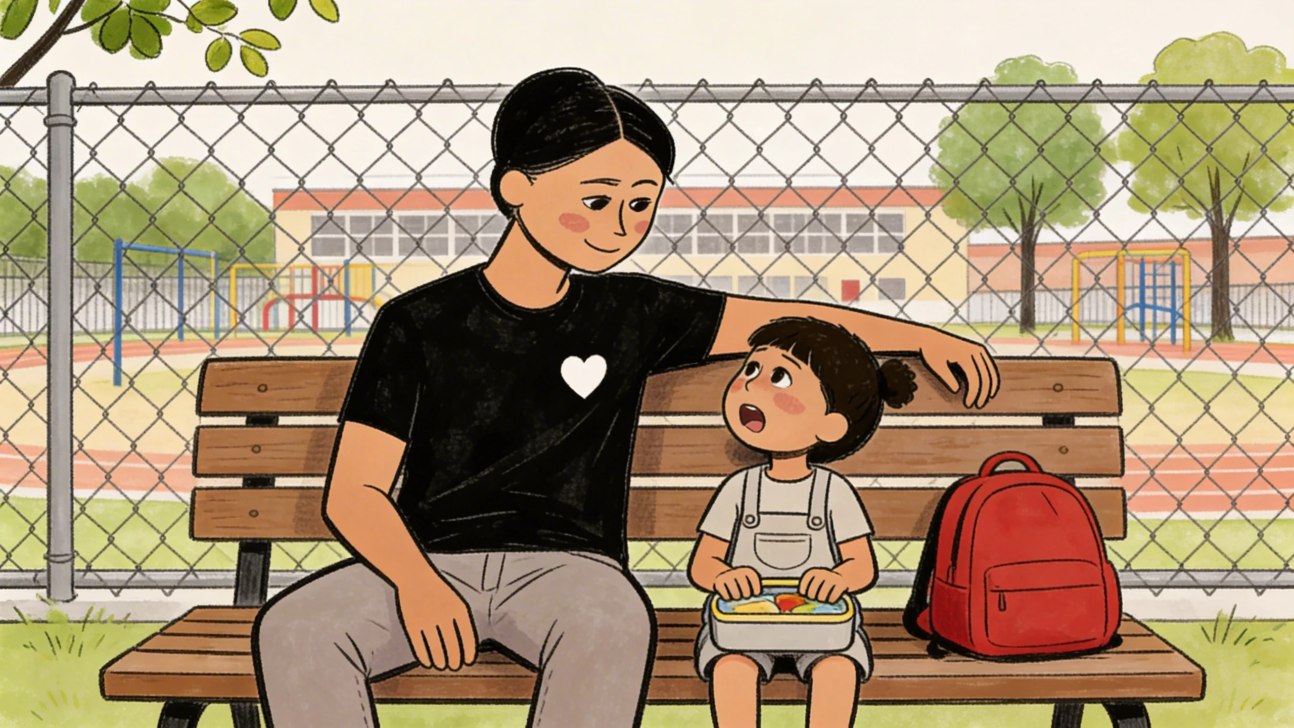 A parent sits on a bench near a school fence stroking a child's hair while the child holds a lunchbox.