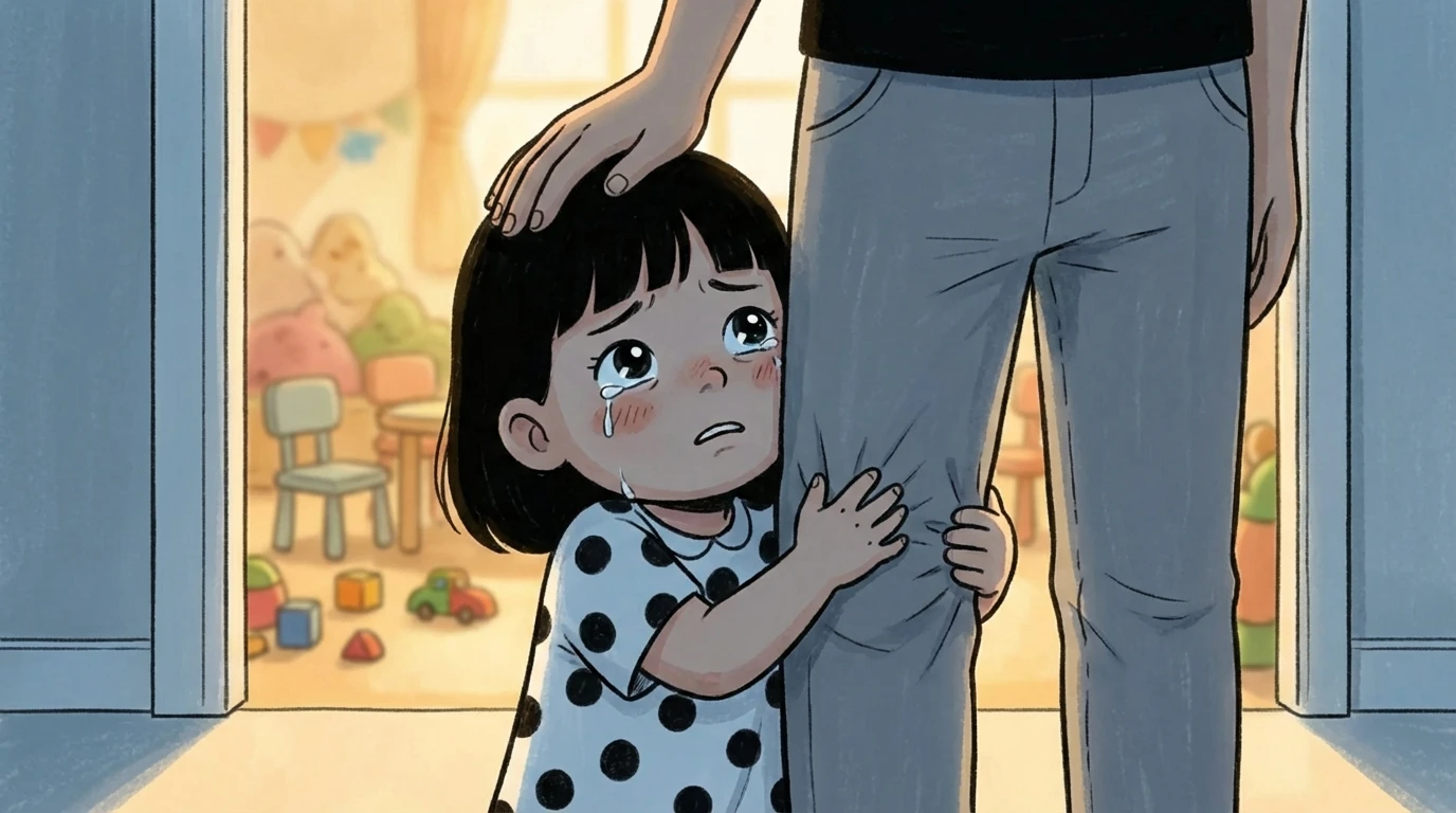Child with tears clinging to a parents leg in a doorway as the parent reaches down to help.