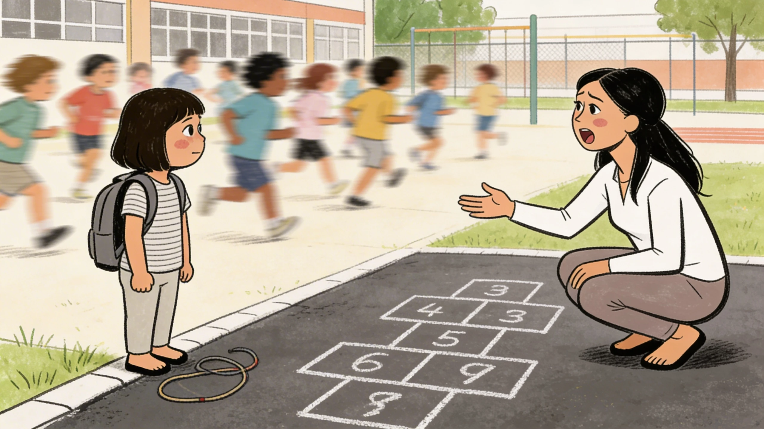 Child with backpack stands apart on playground as an adult crouches inviting social interaction with other kids behind