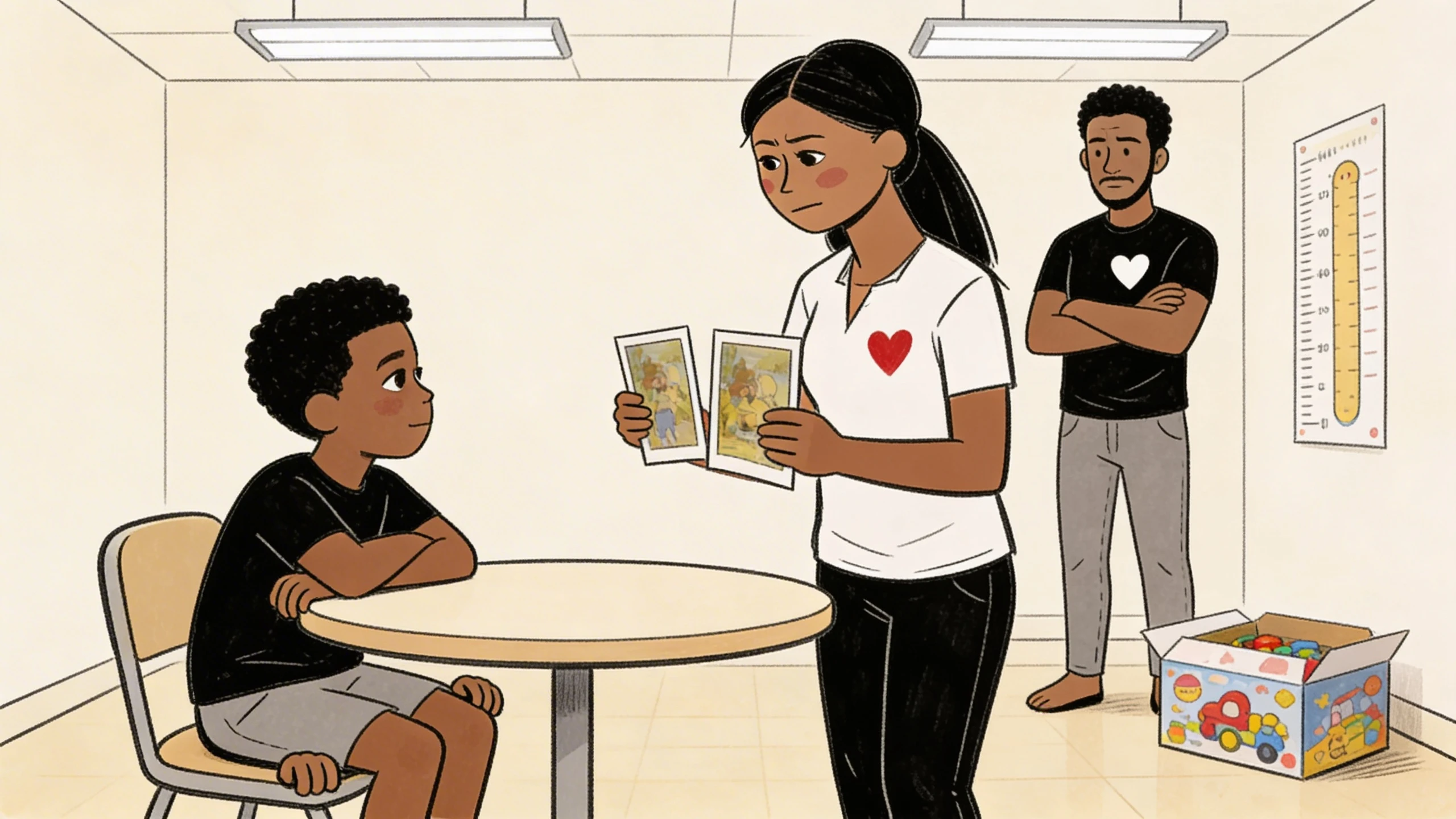 Child sits at a table while a therapist shows picture cards to assess selective mutism with a parent watching