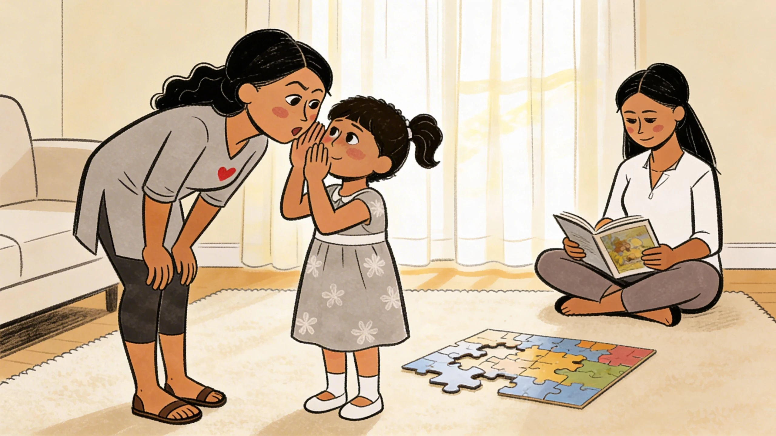 Young girl whispers to her mother at home while another child reads nearby — she can speak freely indoors