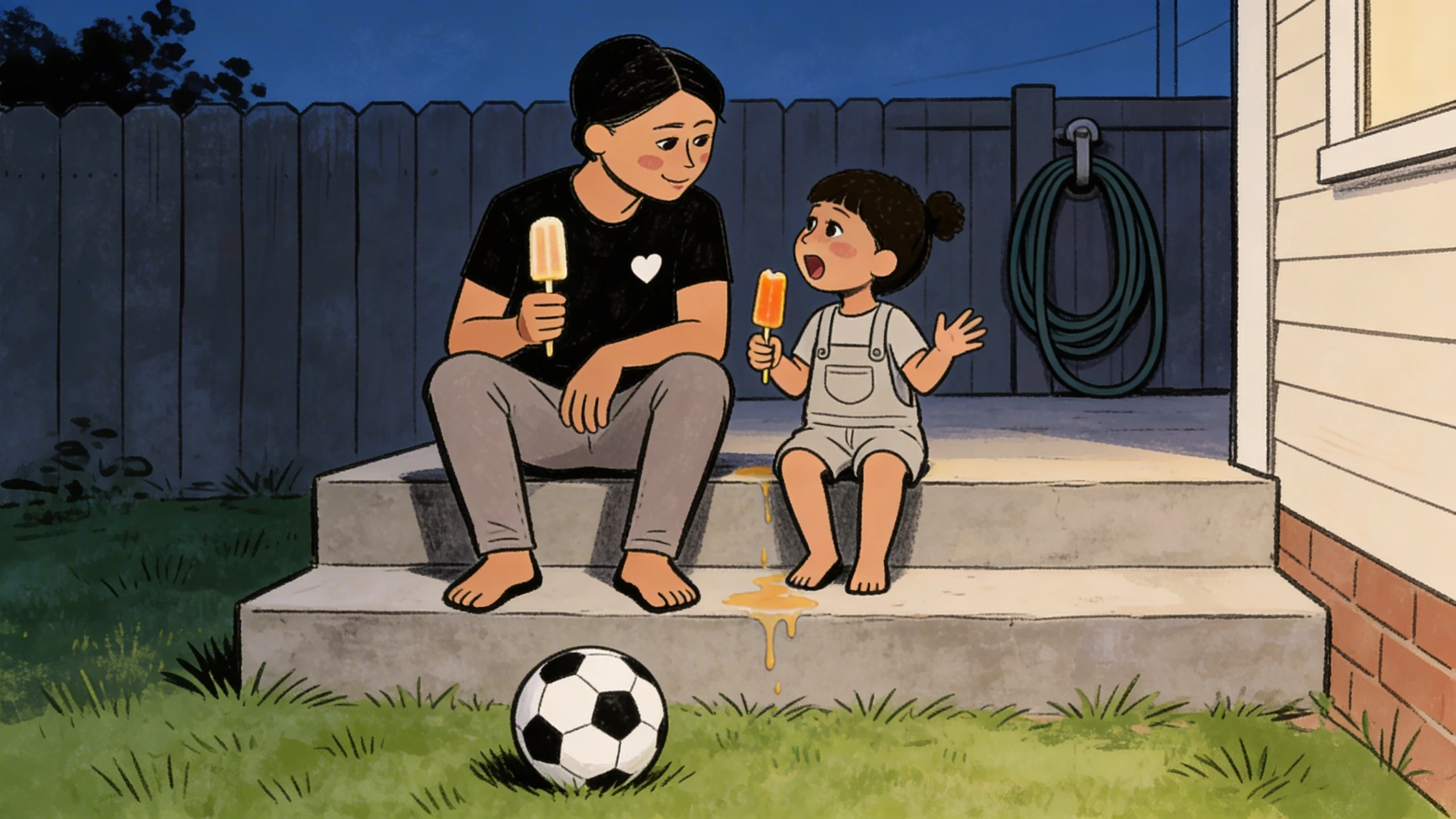 Parent and toddler sit on back porch steps sharing popsicles as the child gestures mid-conversation