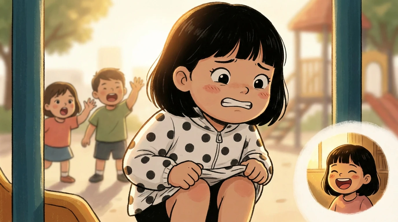 Child sits hugging her knees on a playground while other children call out, with an inset showing her speaking at home.