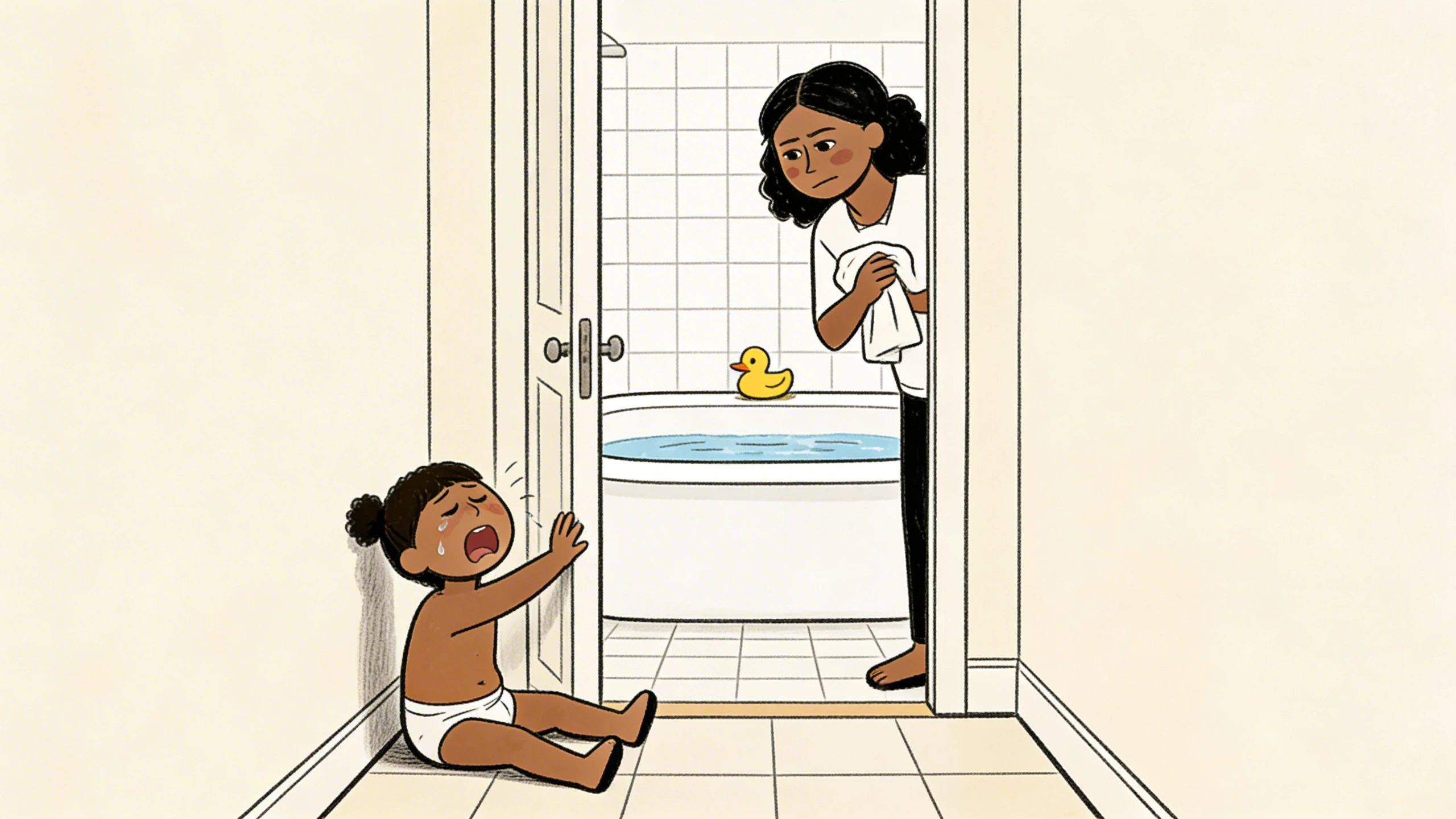 Toddler sitting on floor crying at bathtime while a parent waits in the doorway holding a towel