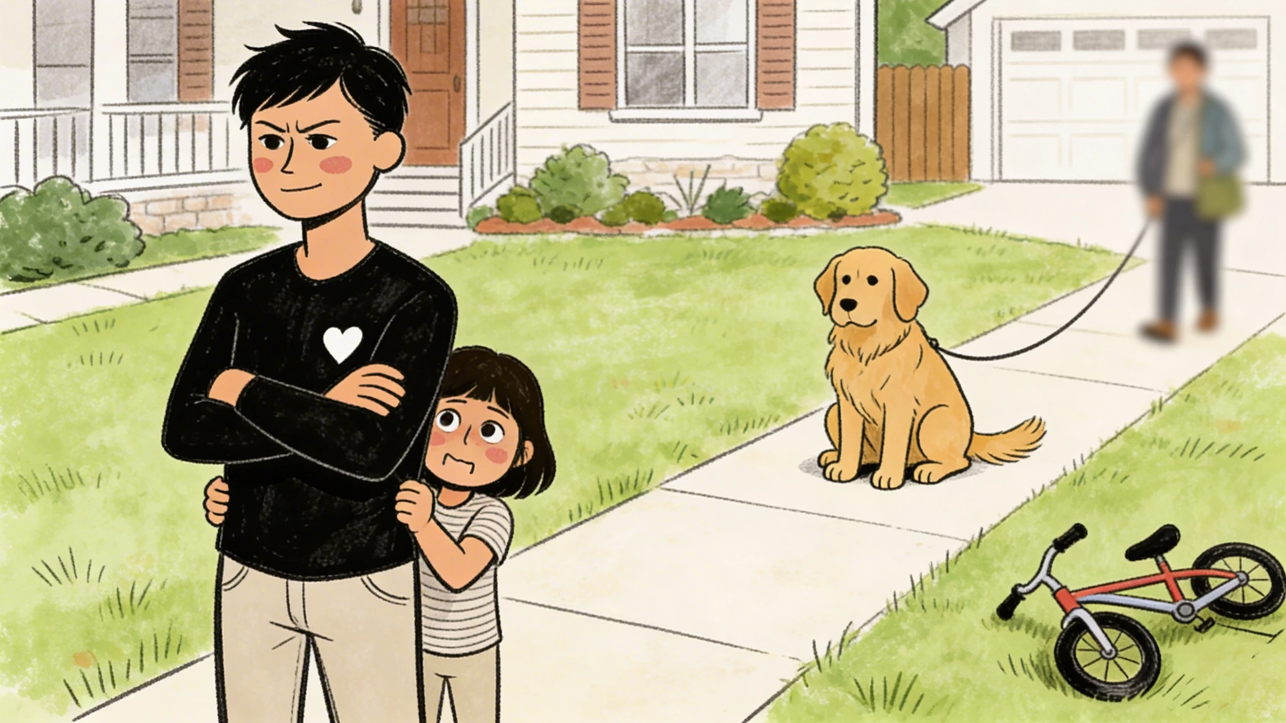 Child clinging to a parent's side on a driveway as a leashed golden dog sits on the path nearby