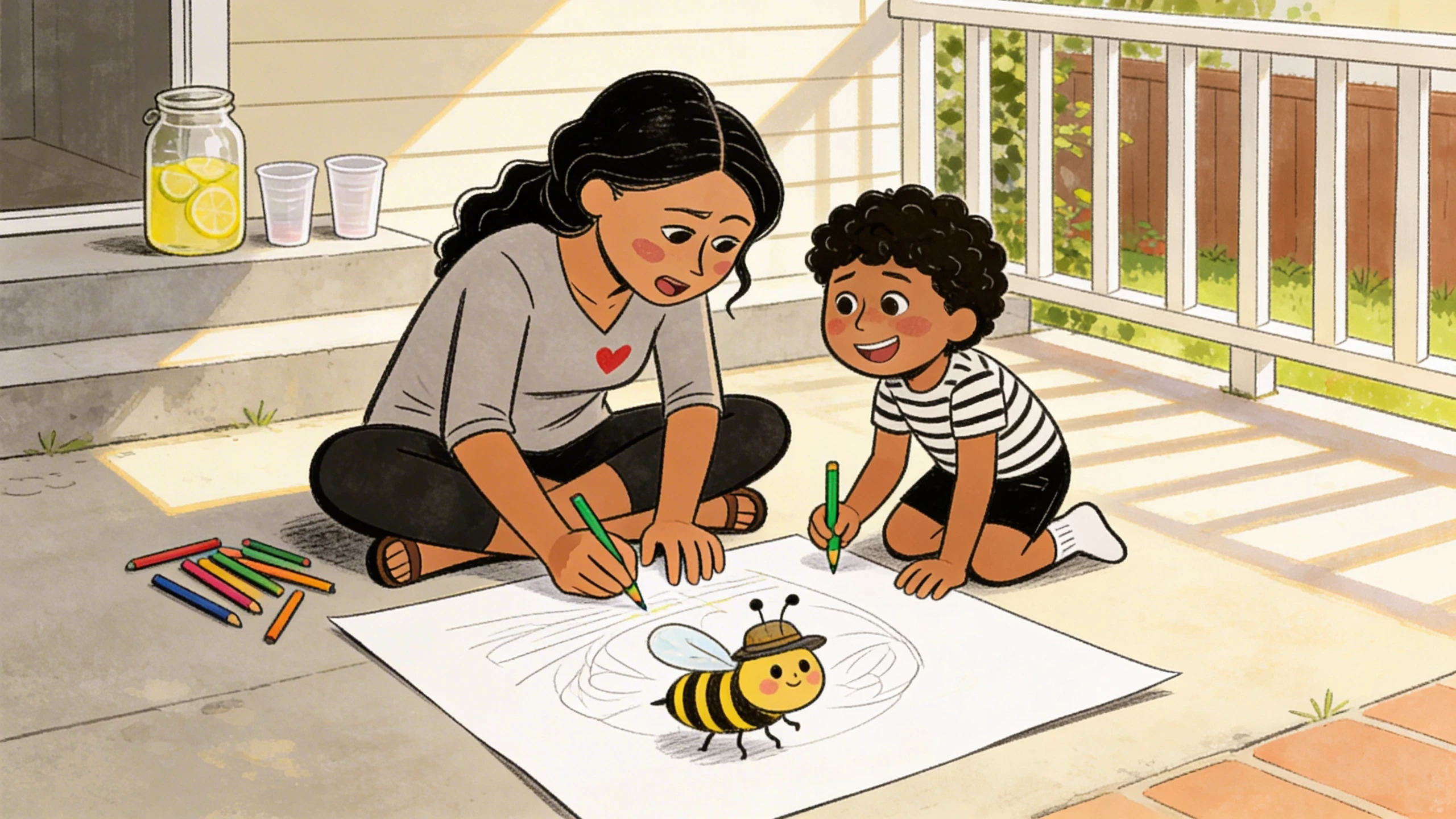 Parent and toddler drawing a cartoon bumblebee together with crayons on large paper on a sunny porch