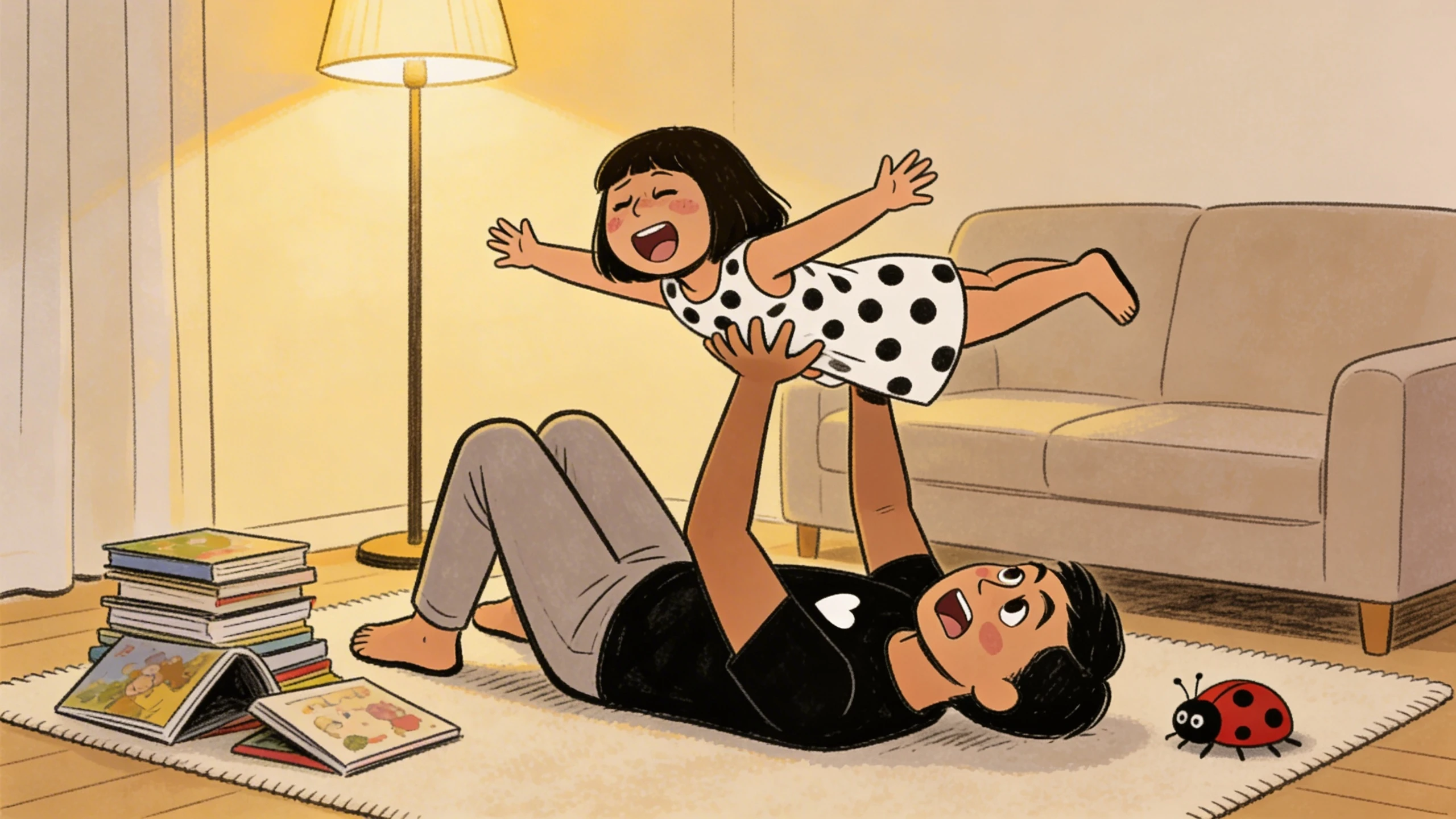 Parent lying on a rug lifting a child in the air with arms wide while a ladybug rests on the floor
