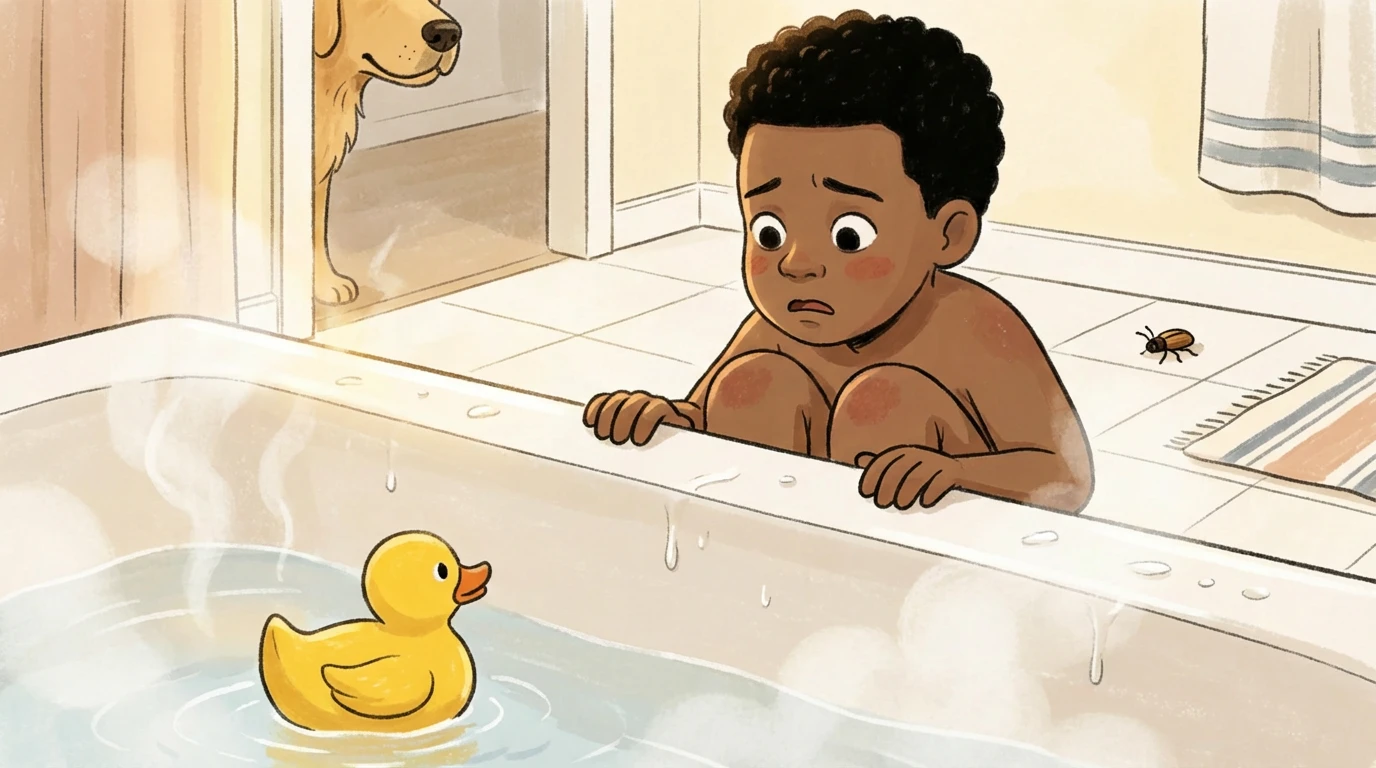 Child pulling away from the bathtub while a dog peers through the doorway and a bug sits on the floor, showing common phobias.