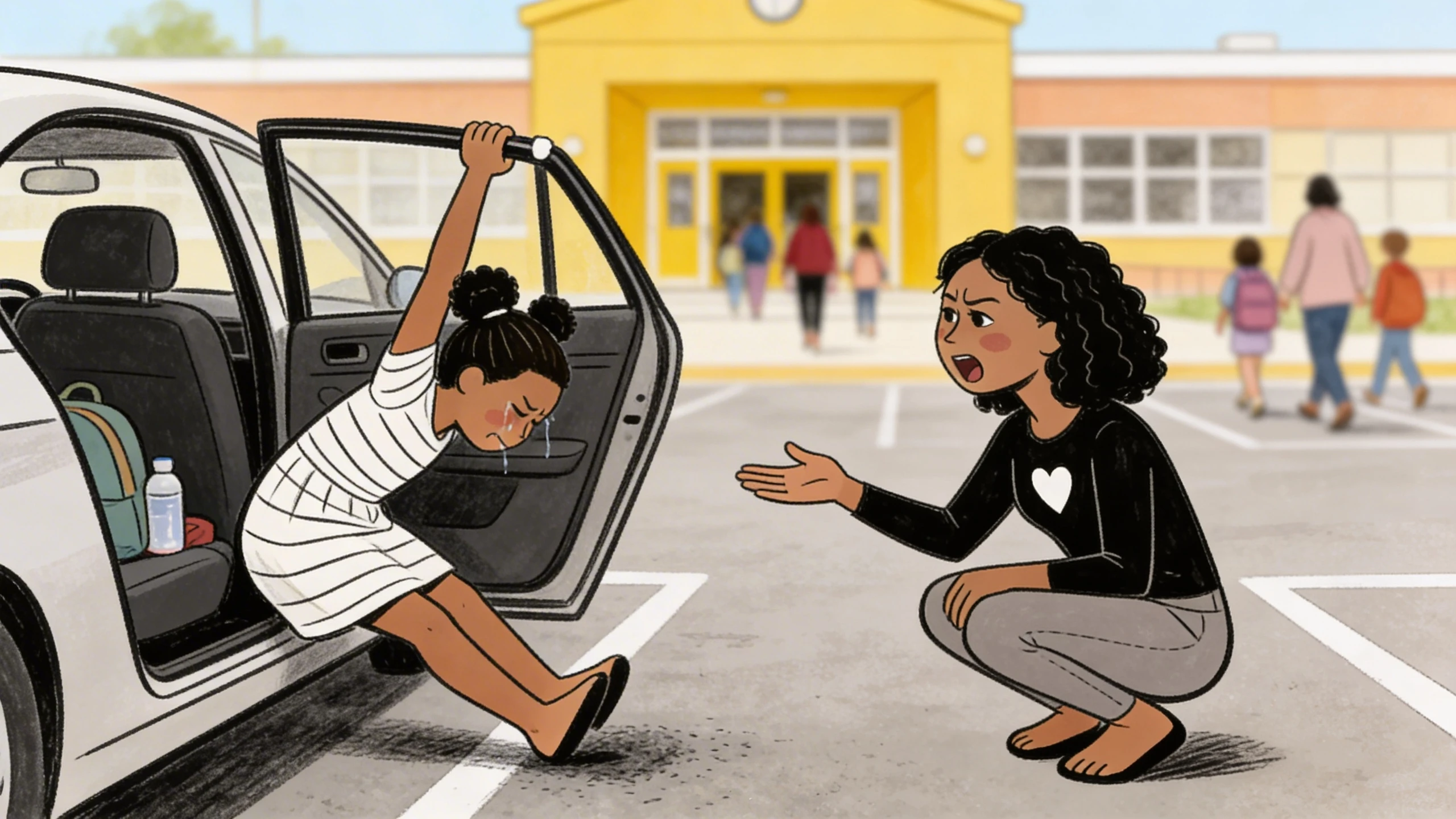 child clinging to car door refusing to leave as parent kneels in school parking lot, a sign of anxiety at drop-off