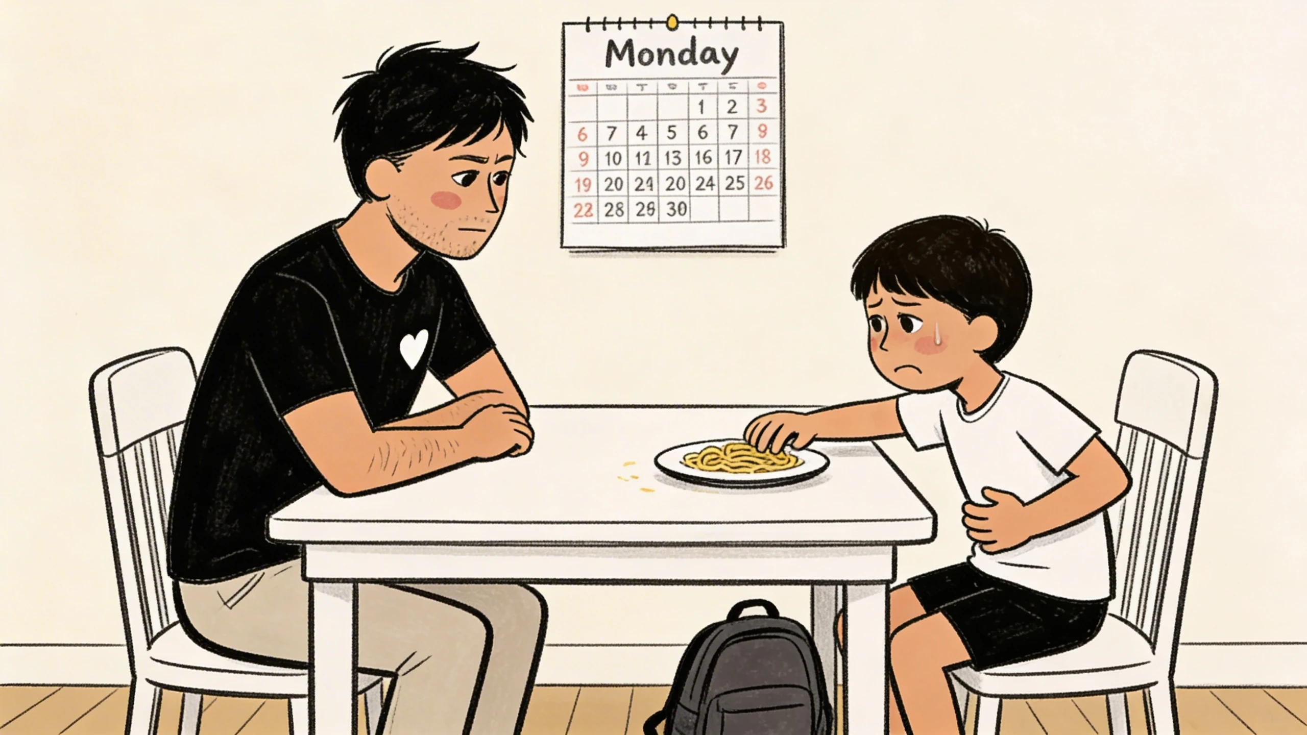 Father watching child push away a plate of pasta at the table with a backpack and Monday calendar visible