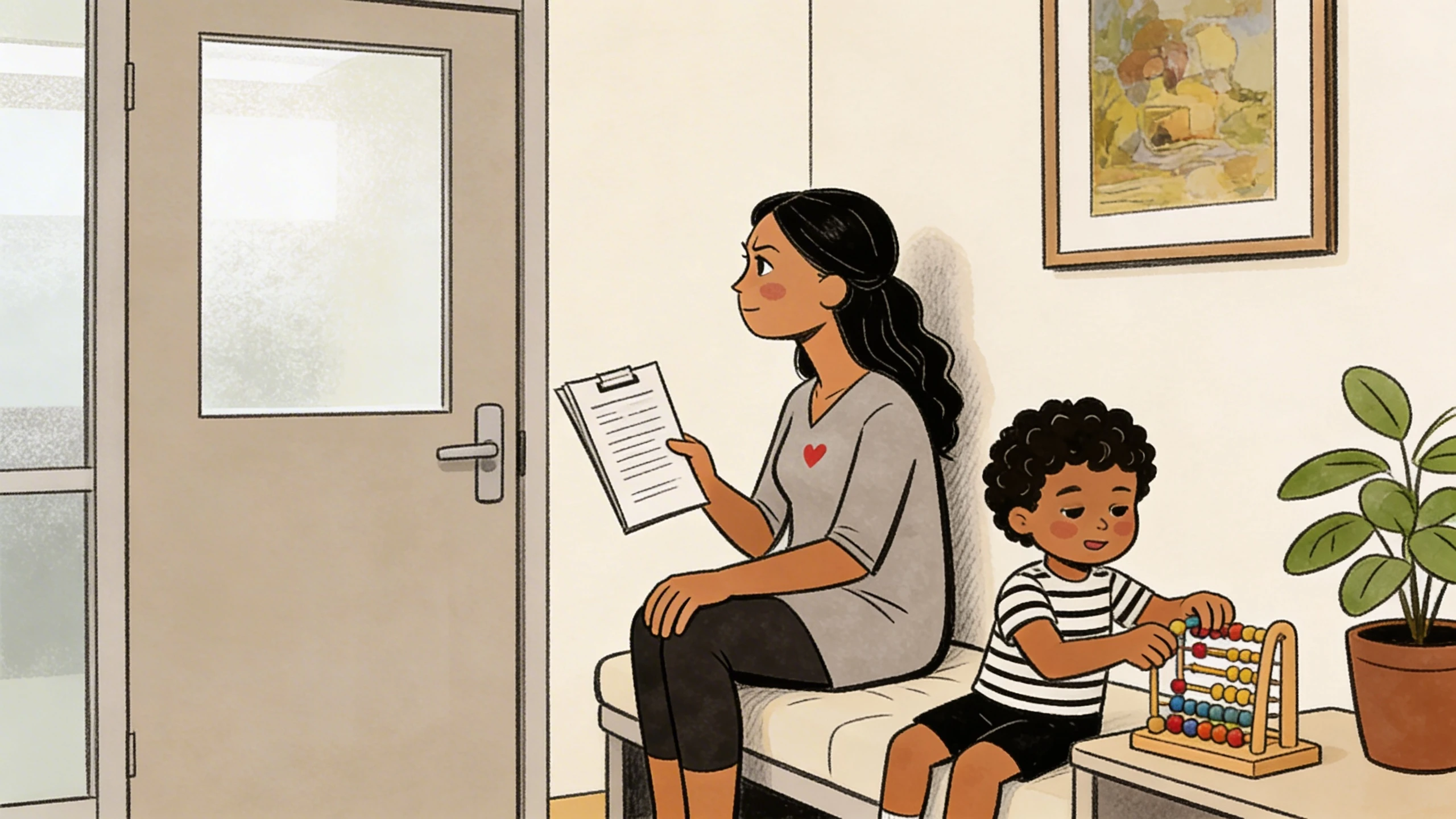 Mother reviewing intake forms in a professional office waiting room while toddler plays with abacus beside her