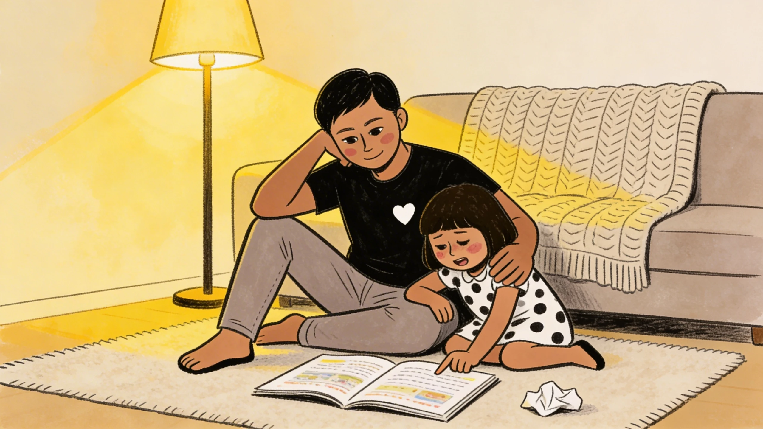 Father on living room floor with daughter leaning on him as they read a picture book together by lamp light