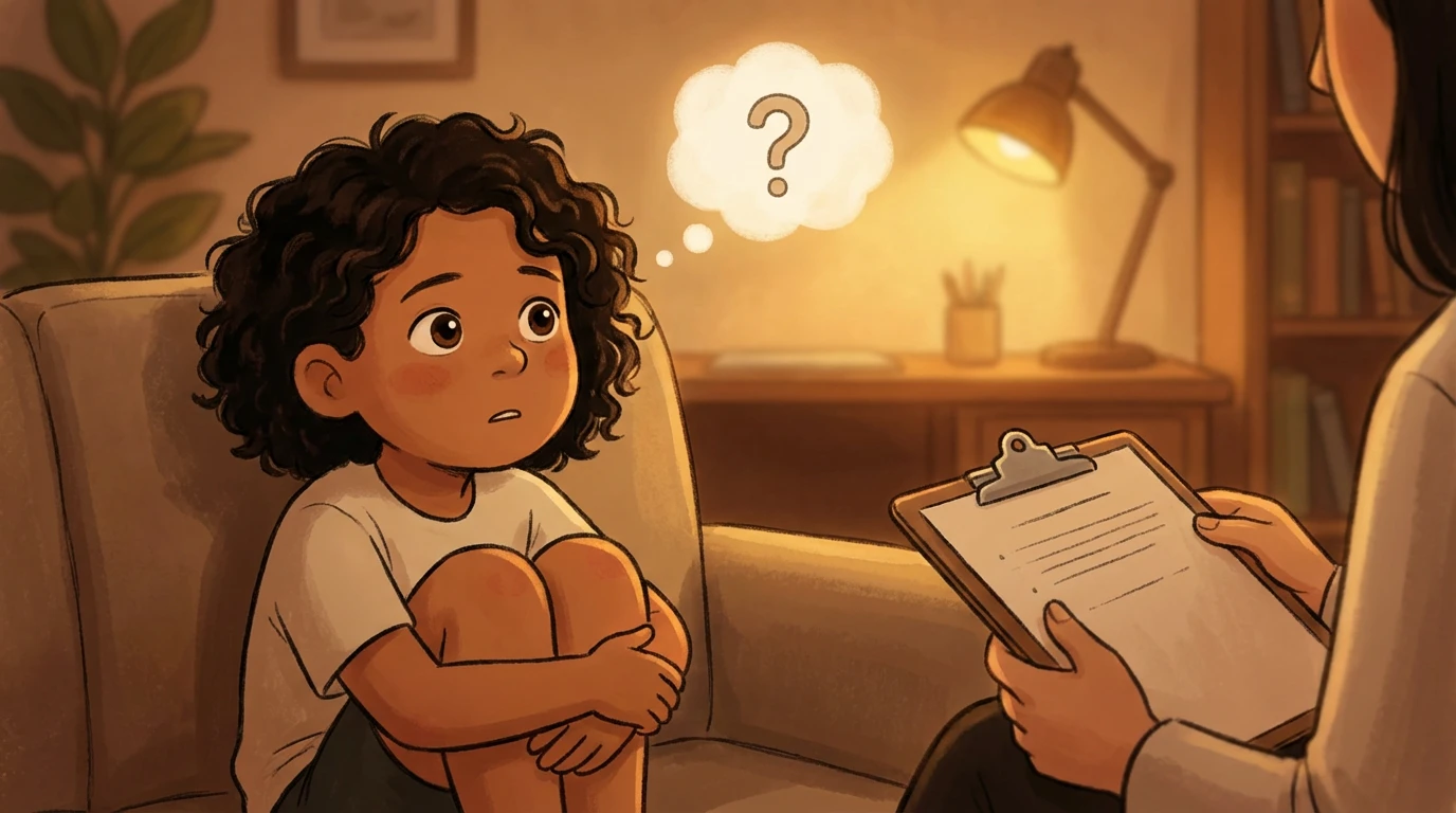 Child sitting with arms crossed in a therapist office while a professional holds a clipboard nearby.