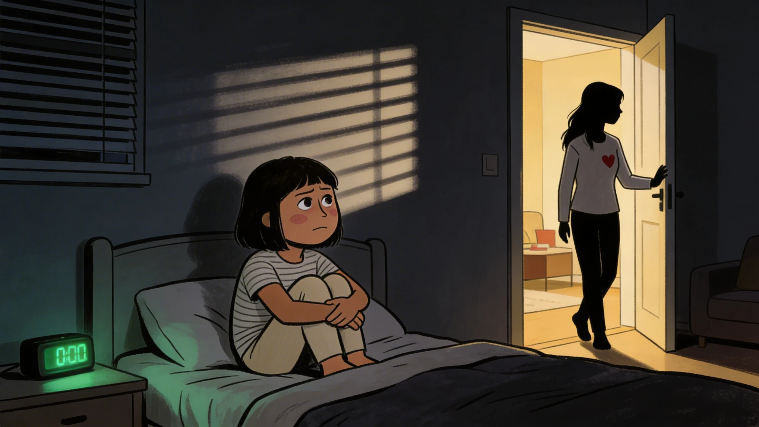 Child awake in dark bedroom at midnight; a worry spiral keeping her from sleep as a parent checks in