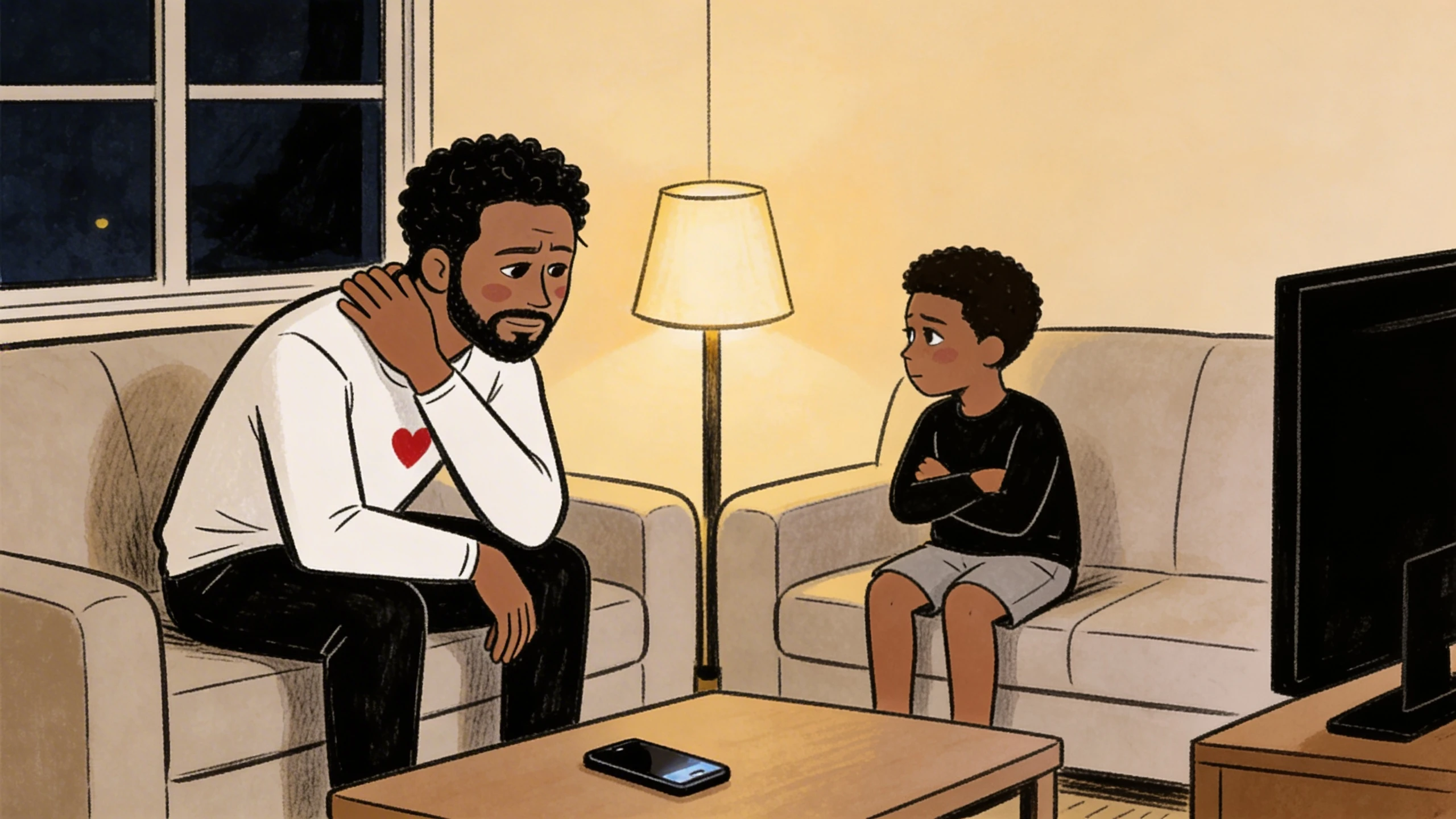 Father leaning forward on couch talking to his son whose arms are crossed during a serious conversation