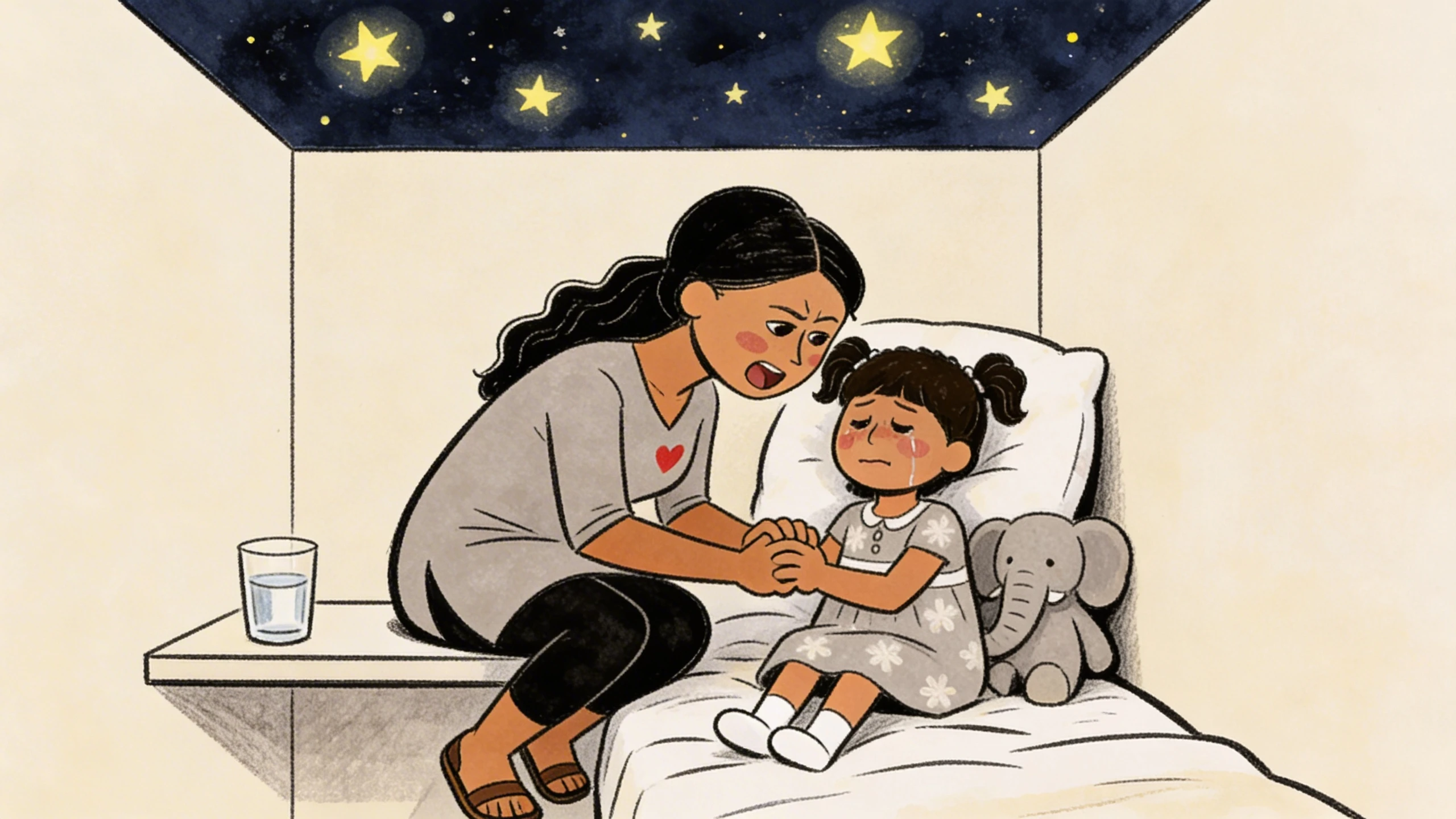 Mother holding her young daughter's hands at bedtime while the child sits up in bed with a stuffed elephant