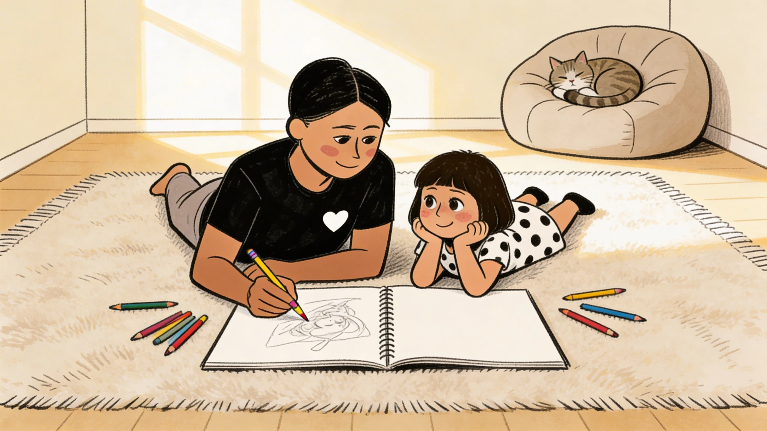 Mother and daughter lying on a rug as parent draws in a notebook to help the child work through catastrophic worries