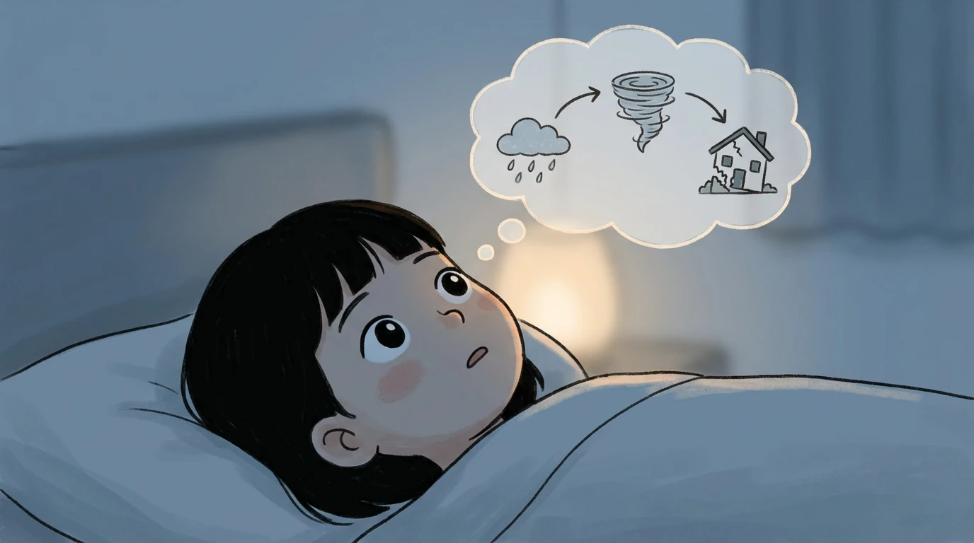 Child lying awake in bed with a thought bubble showing a worry spiral from rain to tornado to a damaged house.