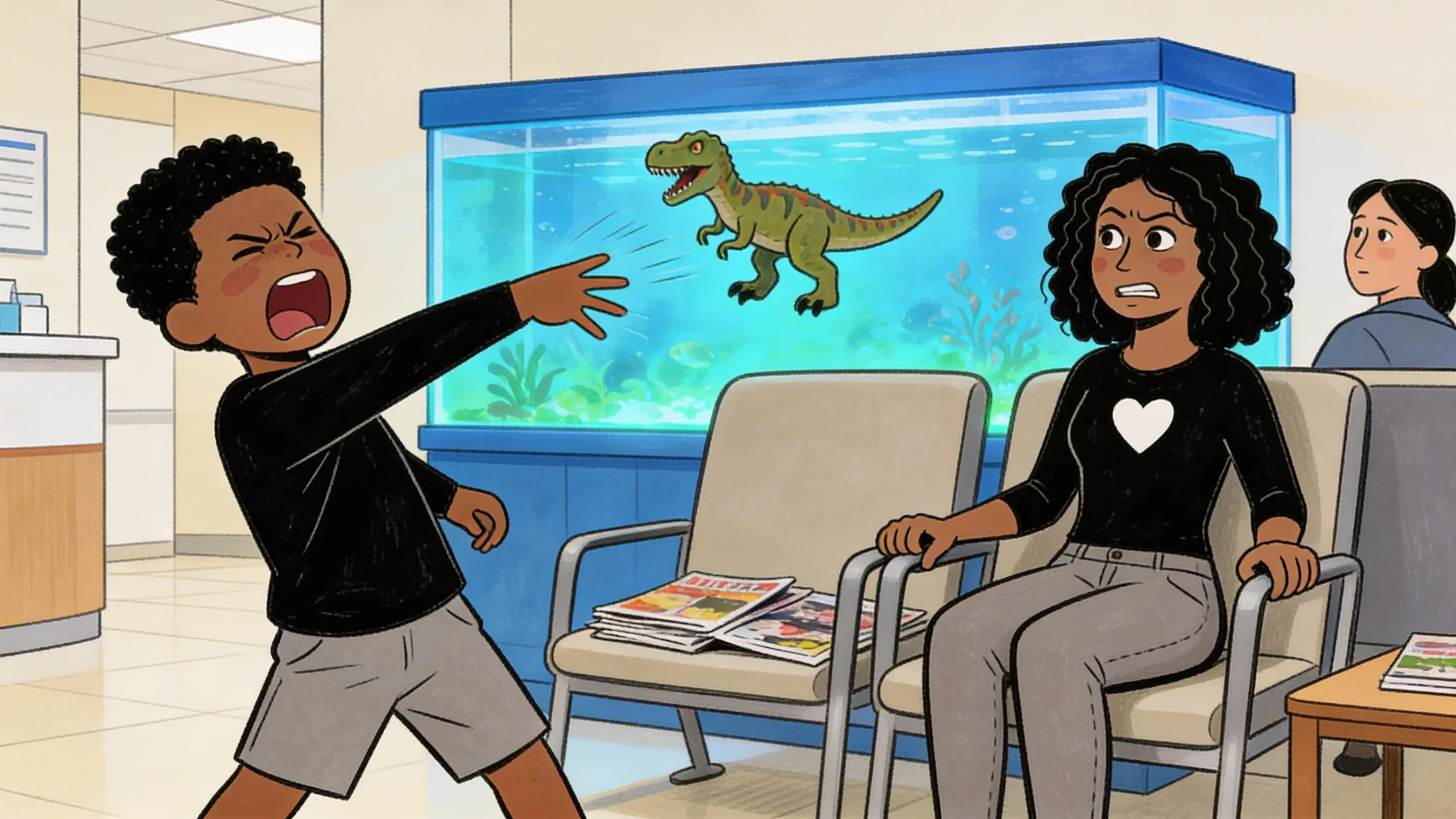 Boy shouting and waving toy dinosaur at seated woman in a waiting room - a scene of big anger feelings in kids