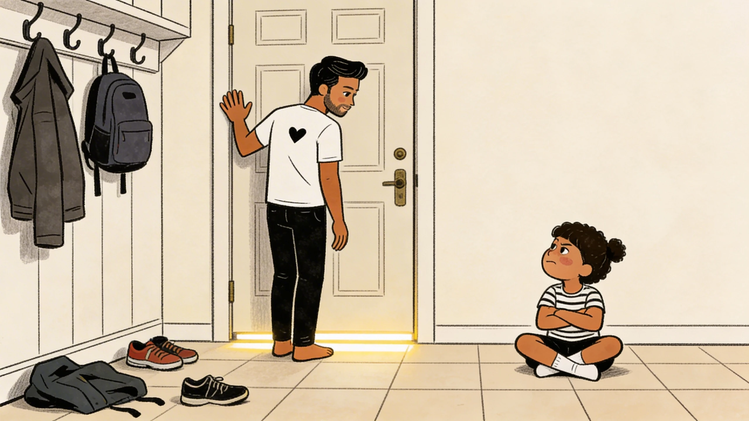 Father raising his hand to teach a child sitting cross-armed on the floor by the front door