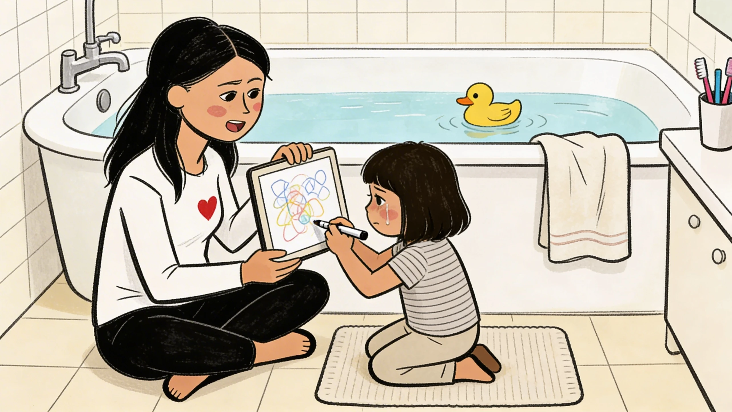 Mother helping child draw on a whiteboard beside the tub - expressing feelings without suppressing them