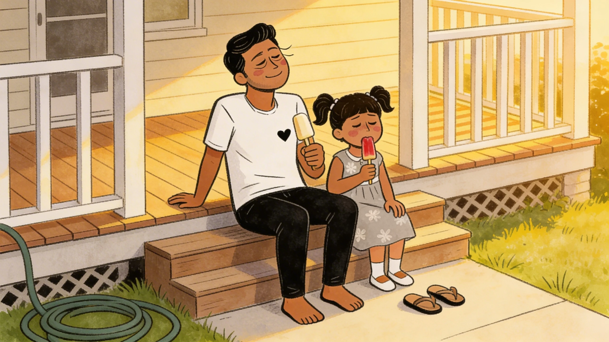 Father and young daughter sharing popsicles on porch steps in warm afternoon light