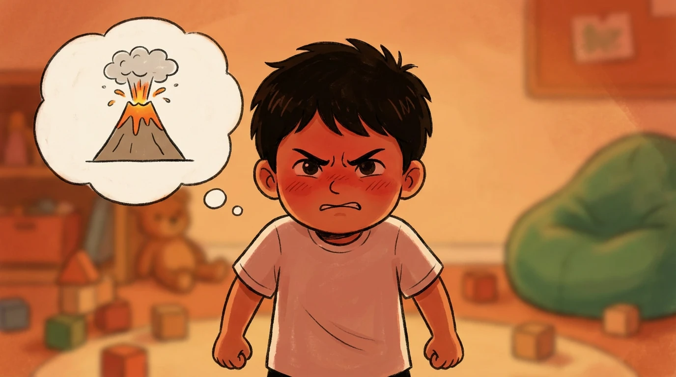 Child standing with clenched fists and a thought bubble showing an erupting volcano in a playroom during an anger management moment.