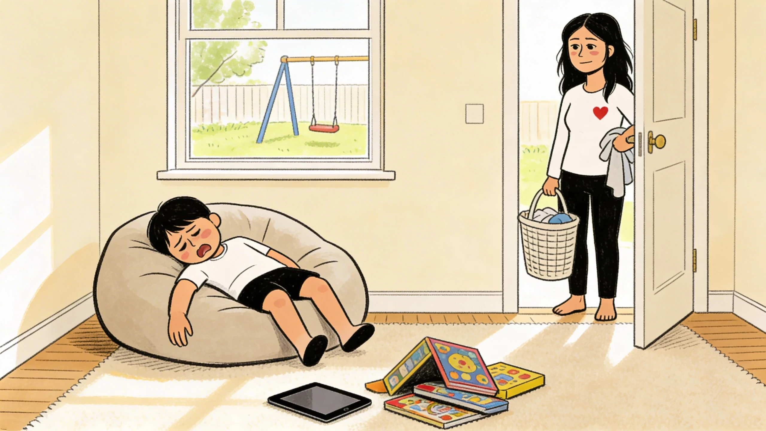 Boy slumped in beanbag chair with tablet and untouched games on the floor as a parent walks in with a laundry basket