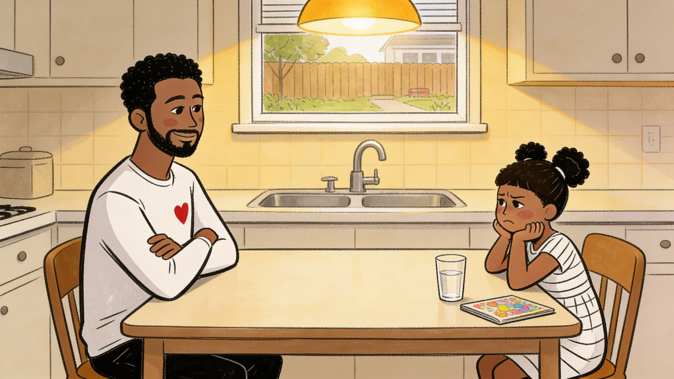 Parent sits across from a child at a kitchen table; the child rests her chin on her hand beside an untouched puzzle