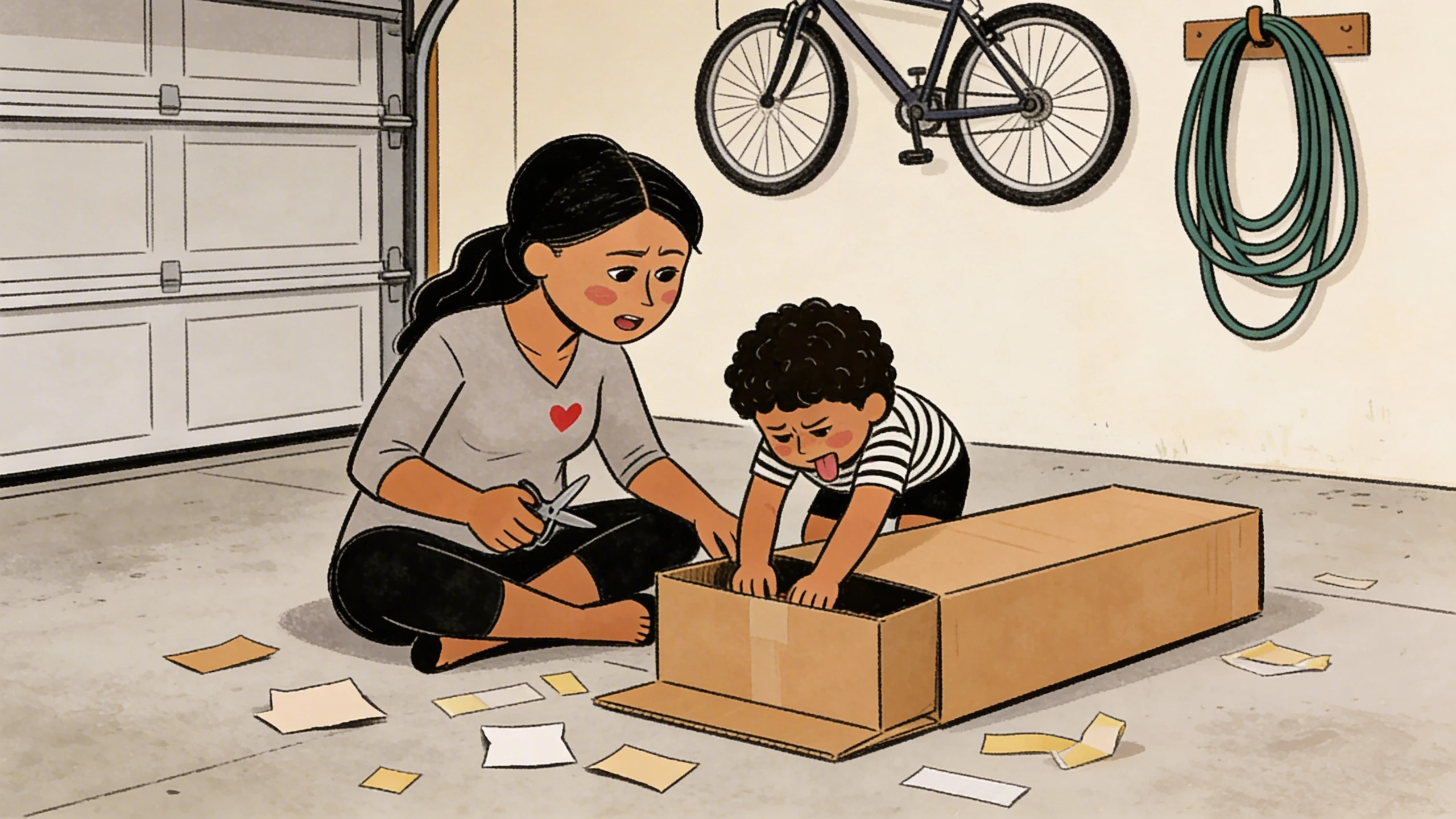 Parent and child sit on a garage floor cutting apart a cardboard box together with paper scraps scattered around them