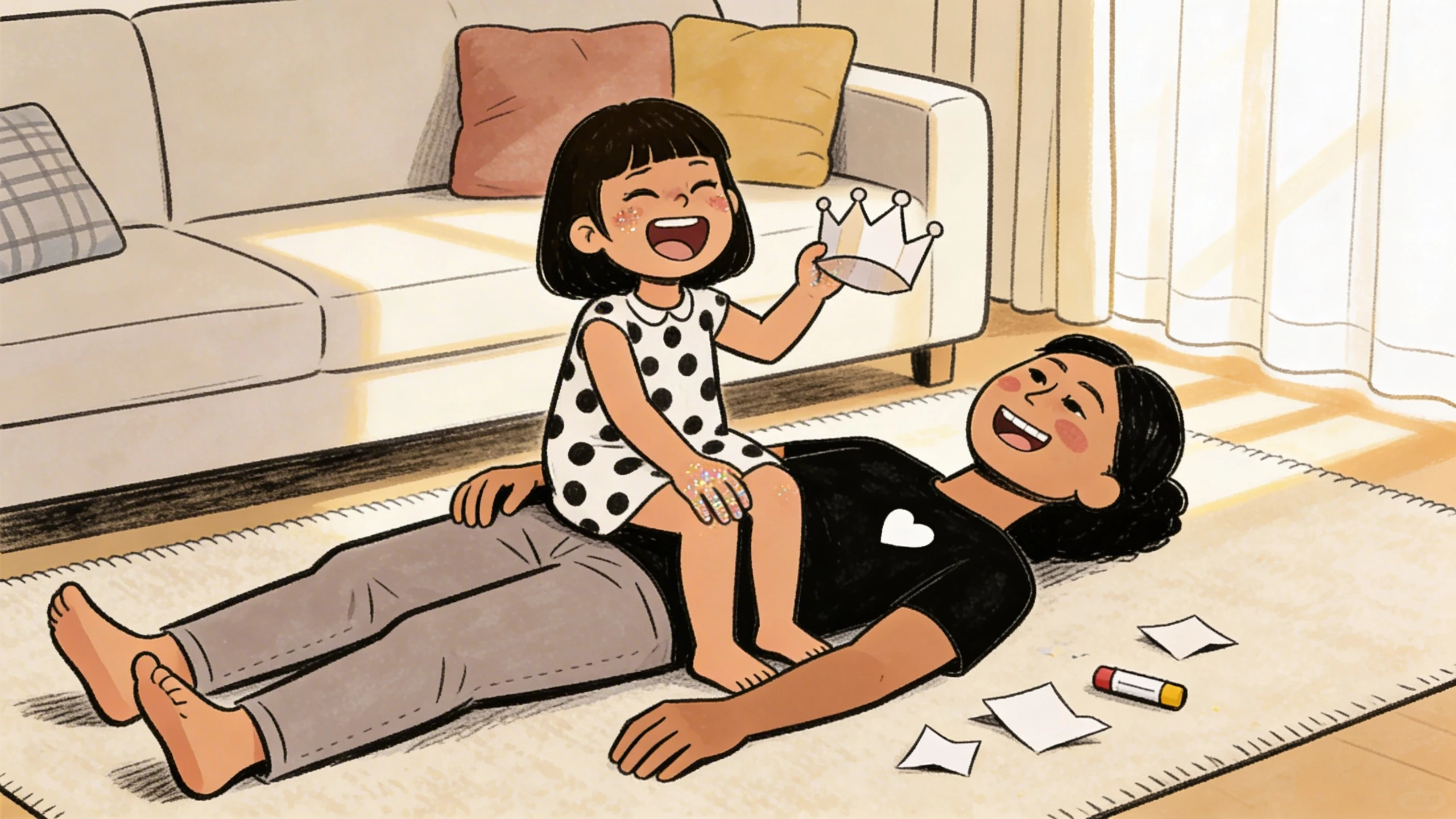 Child places a paper crown on a parent lying on the floor as an emotional skill-building moment unfolds