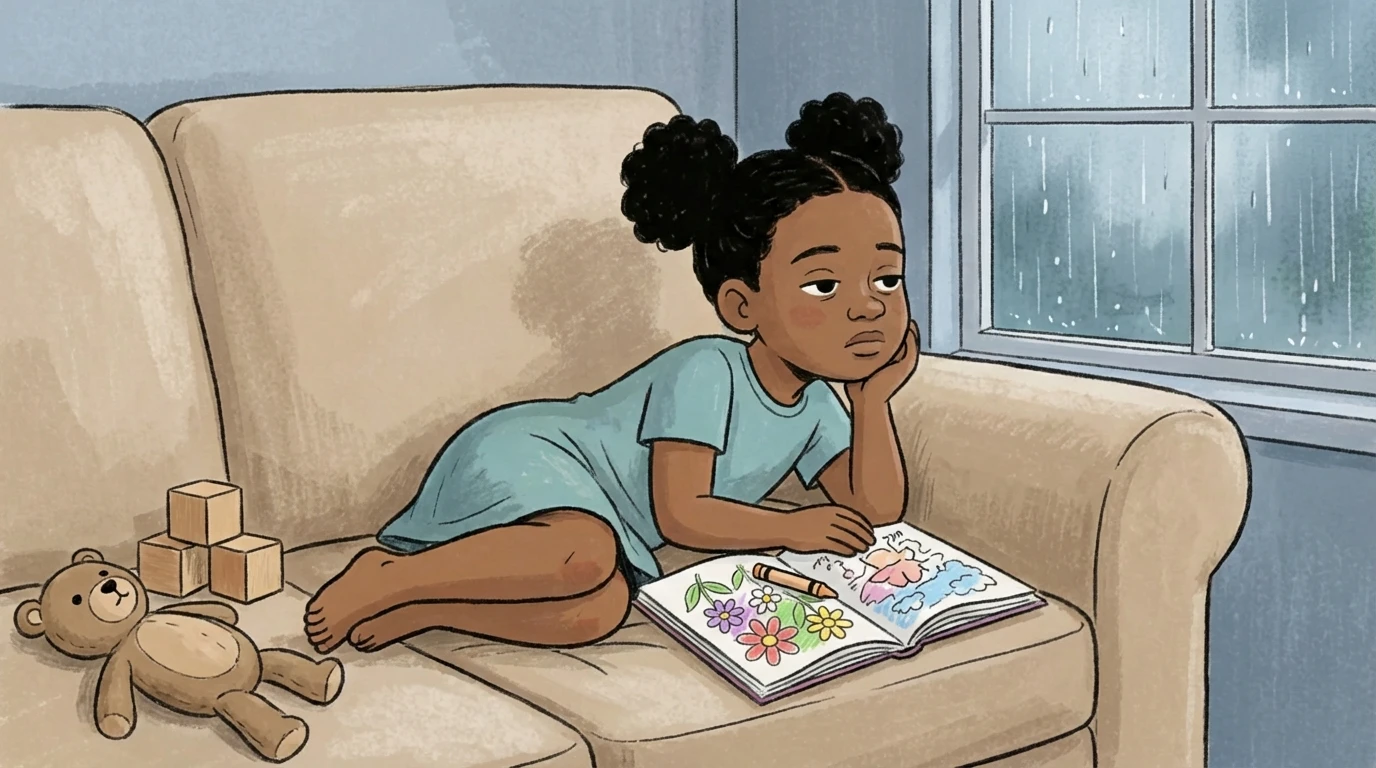 Child resting her chin on her hand on a couch with an open book, staring out a rainy window in boredom.
