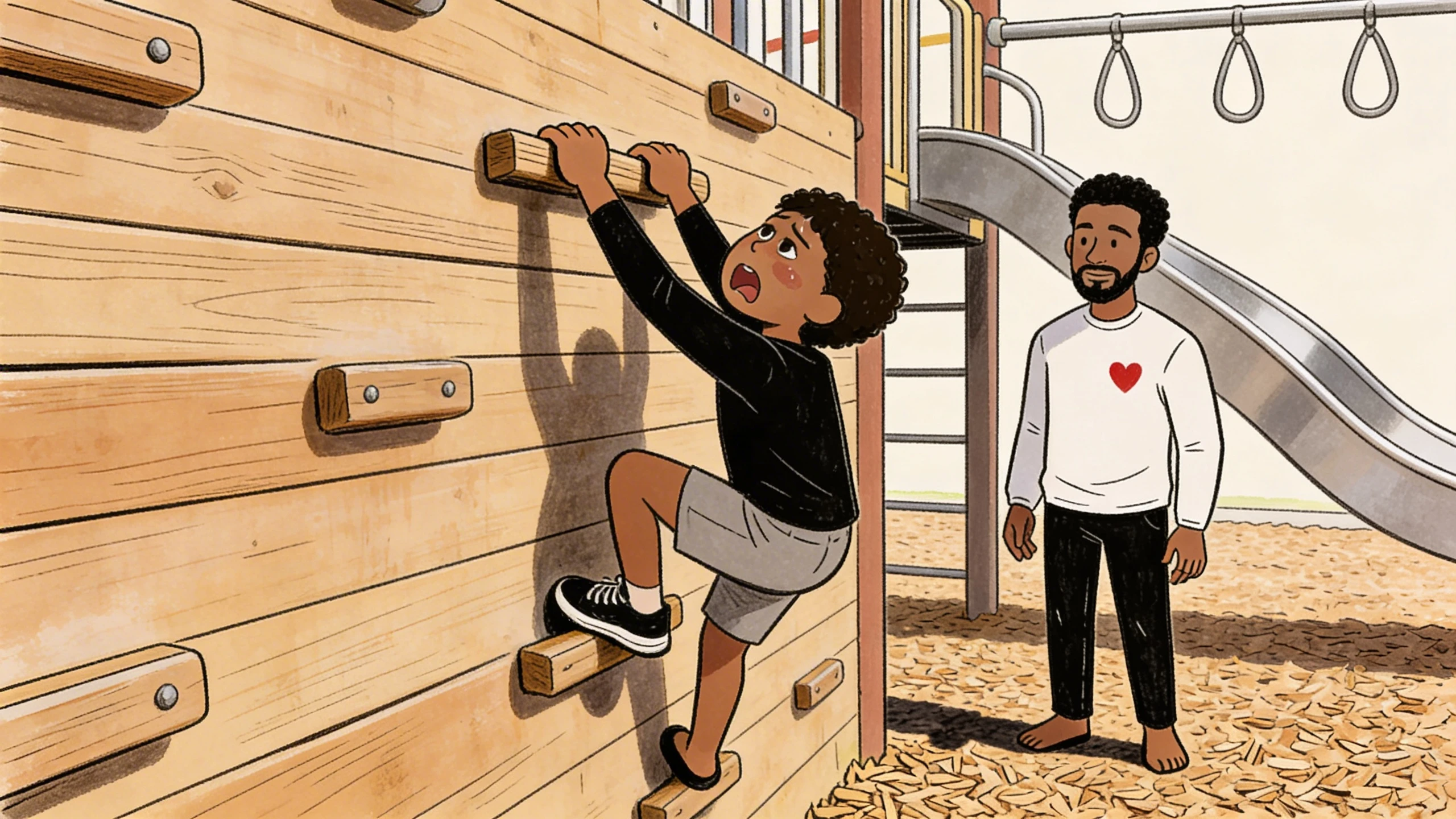 Child climbing a wooden playground wall as an adult watches