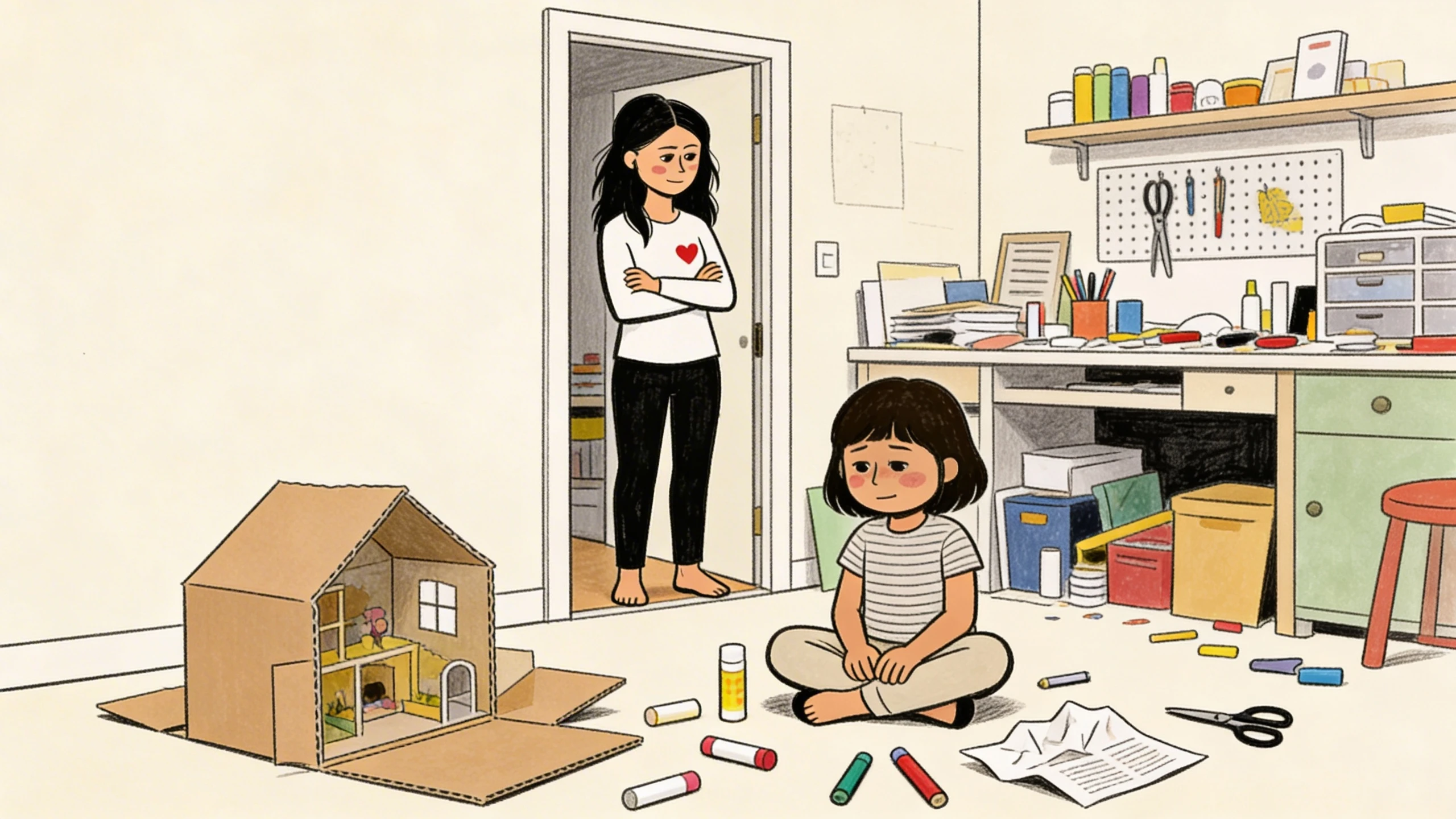 child sits cross-legged beside a half-built cardboard house