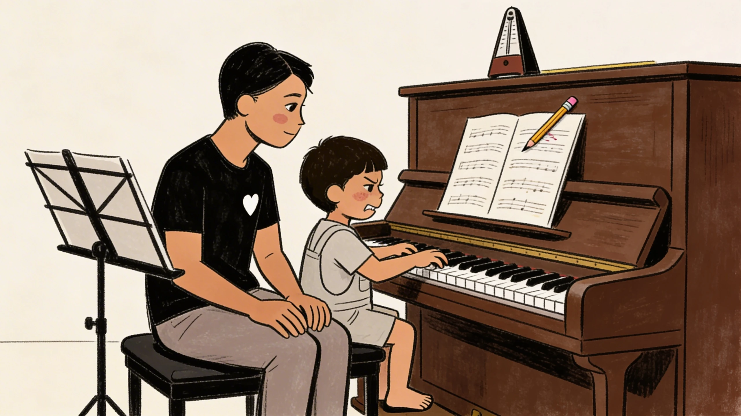 Child and adult sit at an upright piano