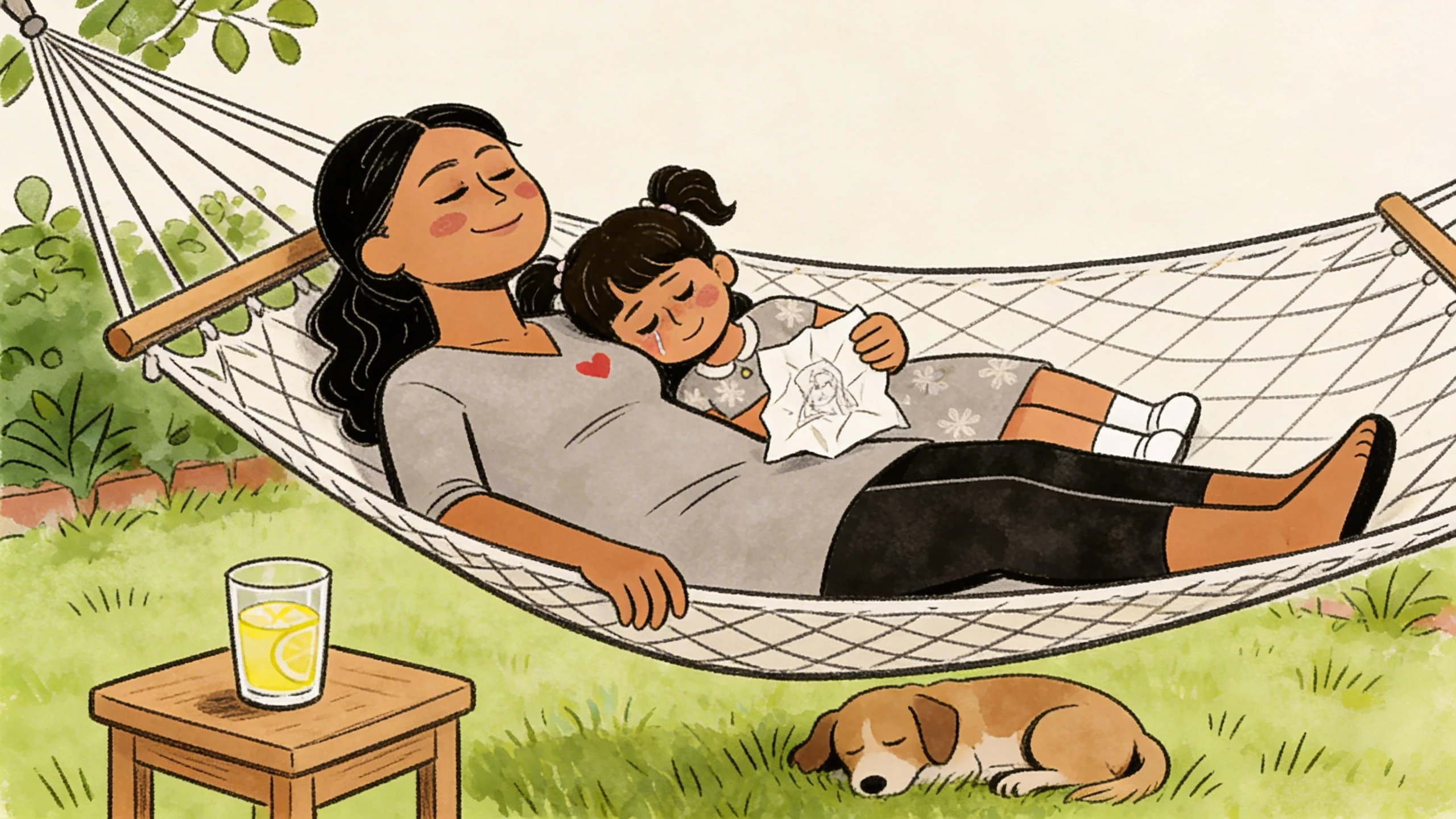 Adult and child rest in a backyard hammock