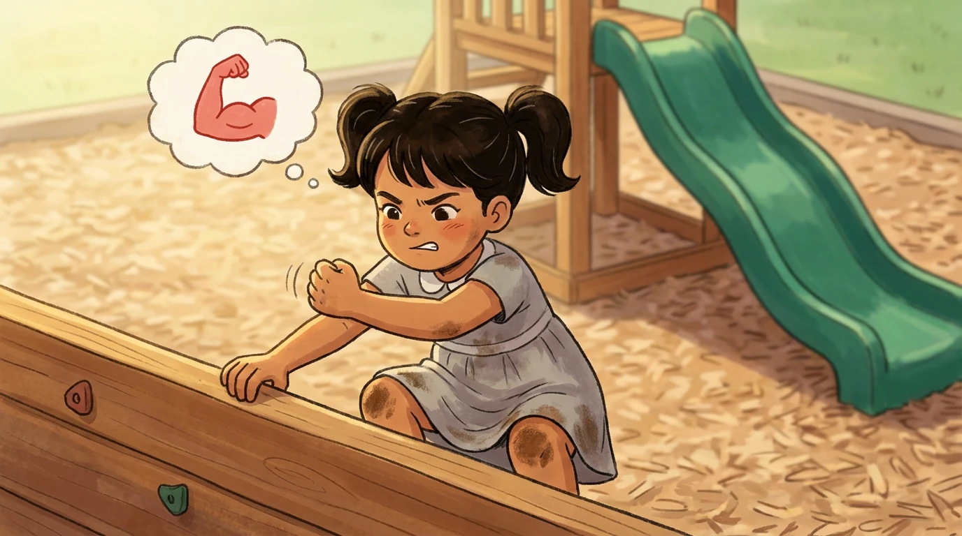 Child with scraped knees climbing a playground wall with grit, building resilience after a fall.