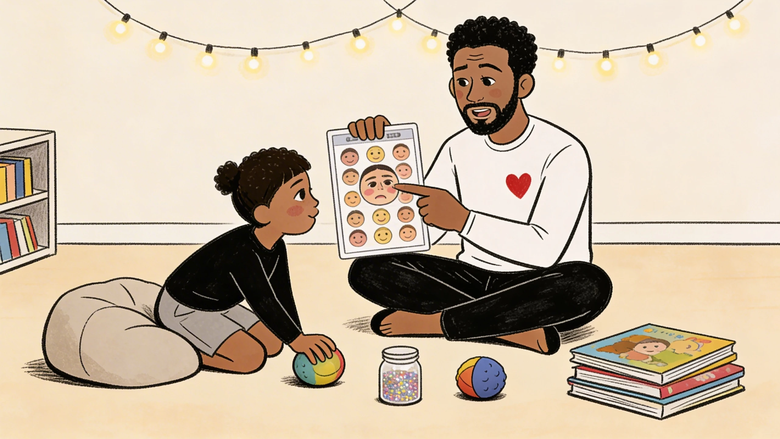 Father sitting cross-legged showing feelings chart to preschooler in calm-down corner with sensory balls and books