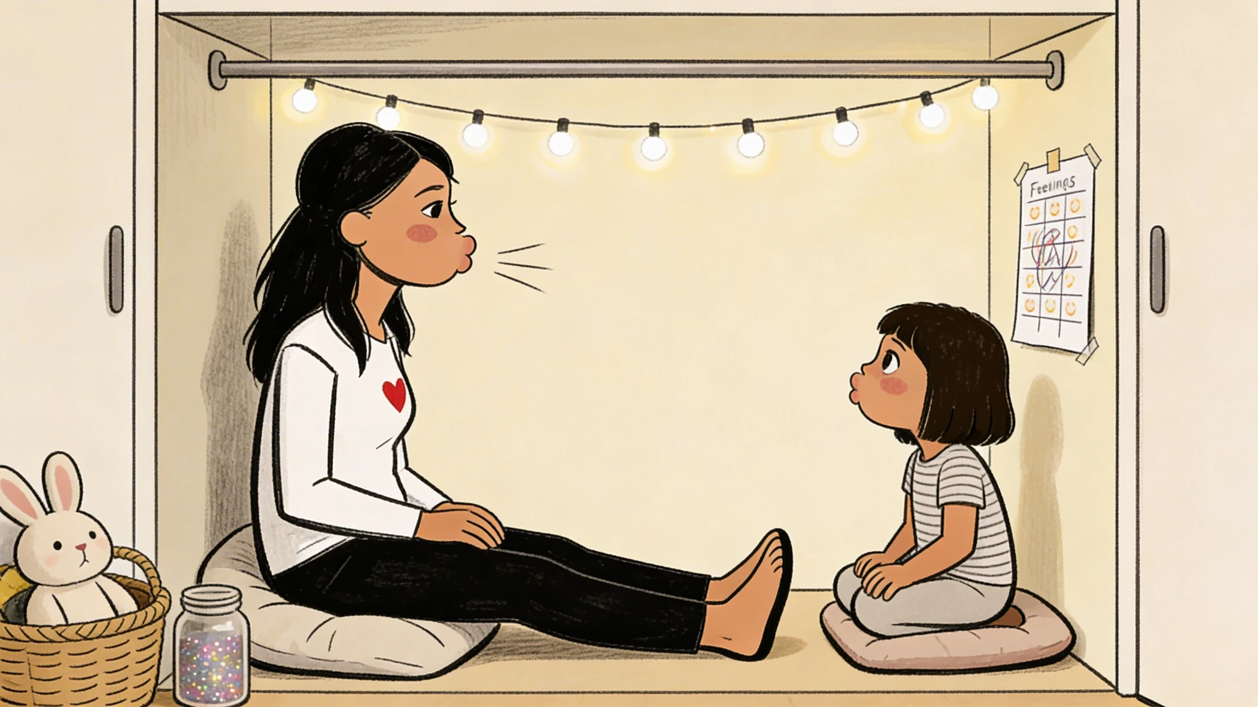 Mother practicing deep breathing with child on cushions in calm-down nook with string lights and feelings poster