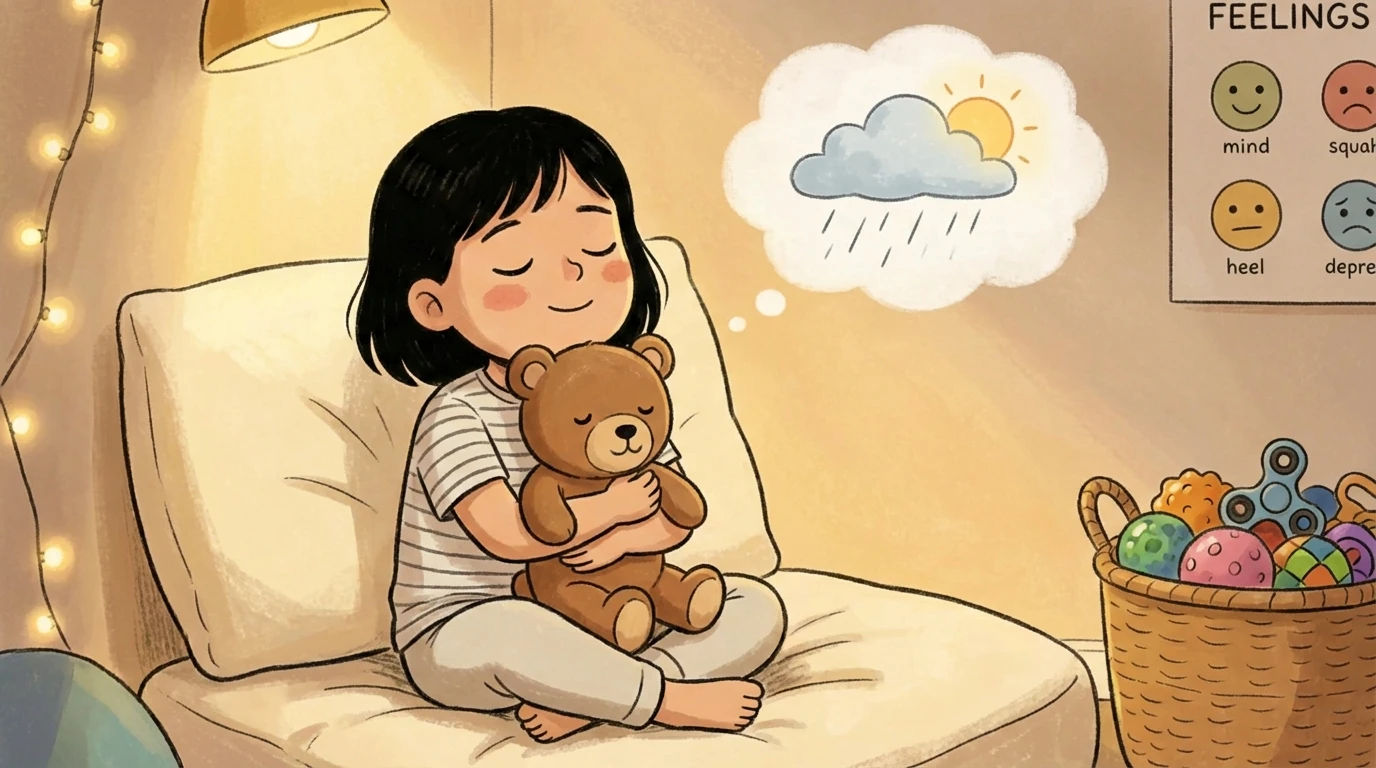 Child sitting in a calm-down corner hugging a teddy bear with a feelings chart and calming tools nearby.