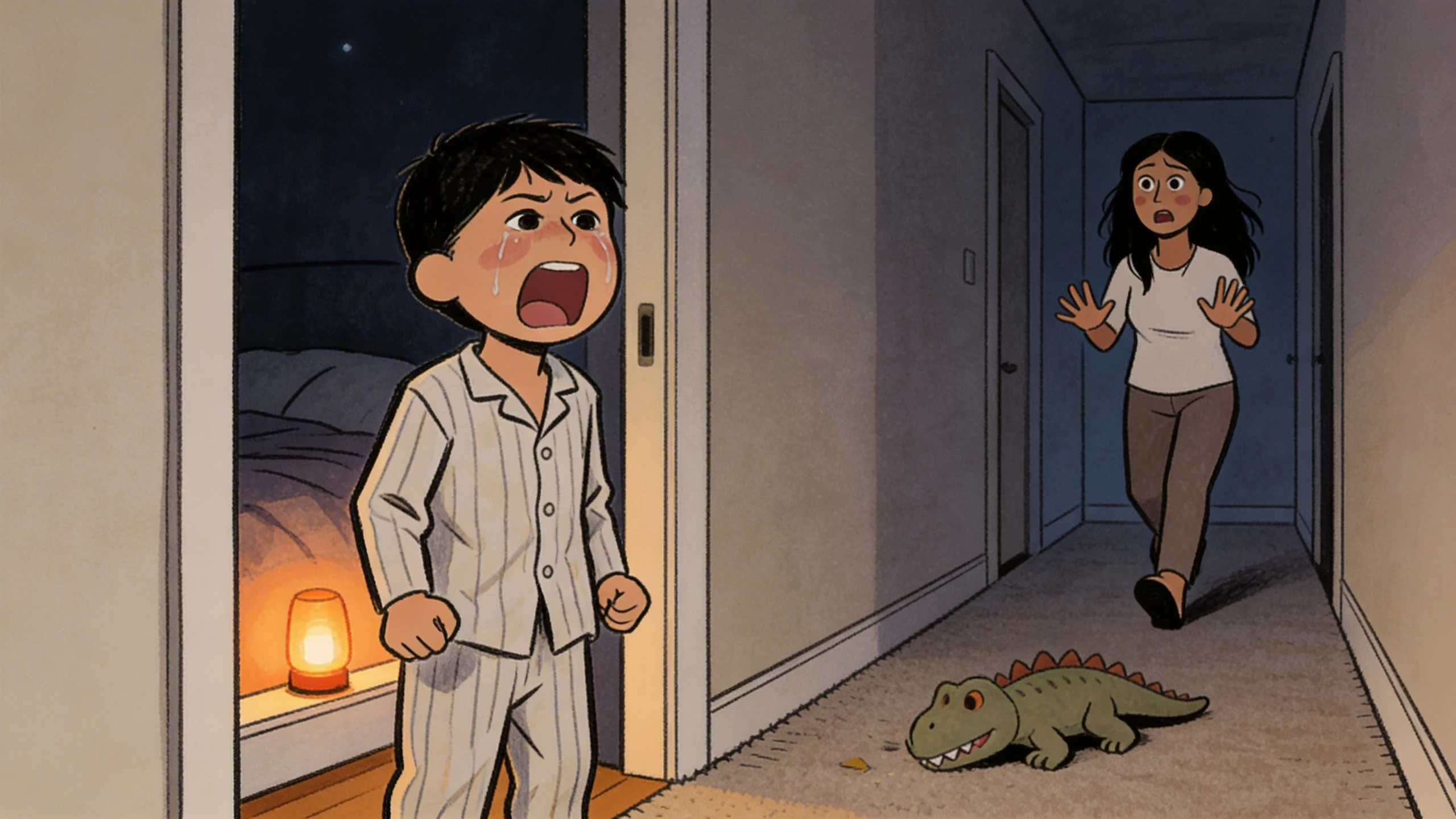 Child in pajamas yelling in a dark hallway at night as a parent rushes to respond, toy crocodile on the floor.
