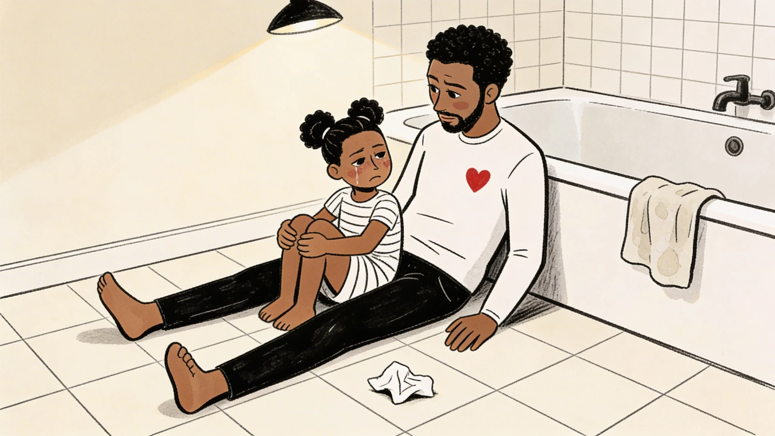 A parent sits on a tiled bathroom floor beside a tearful child who says nothing, crumpled tissue between them.