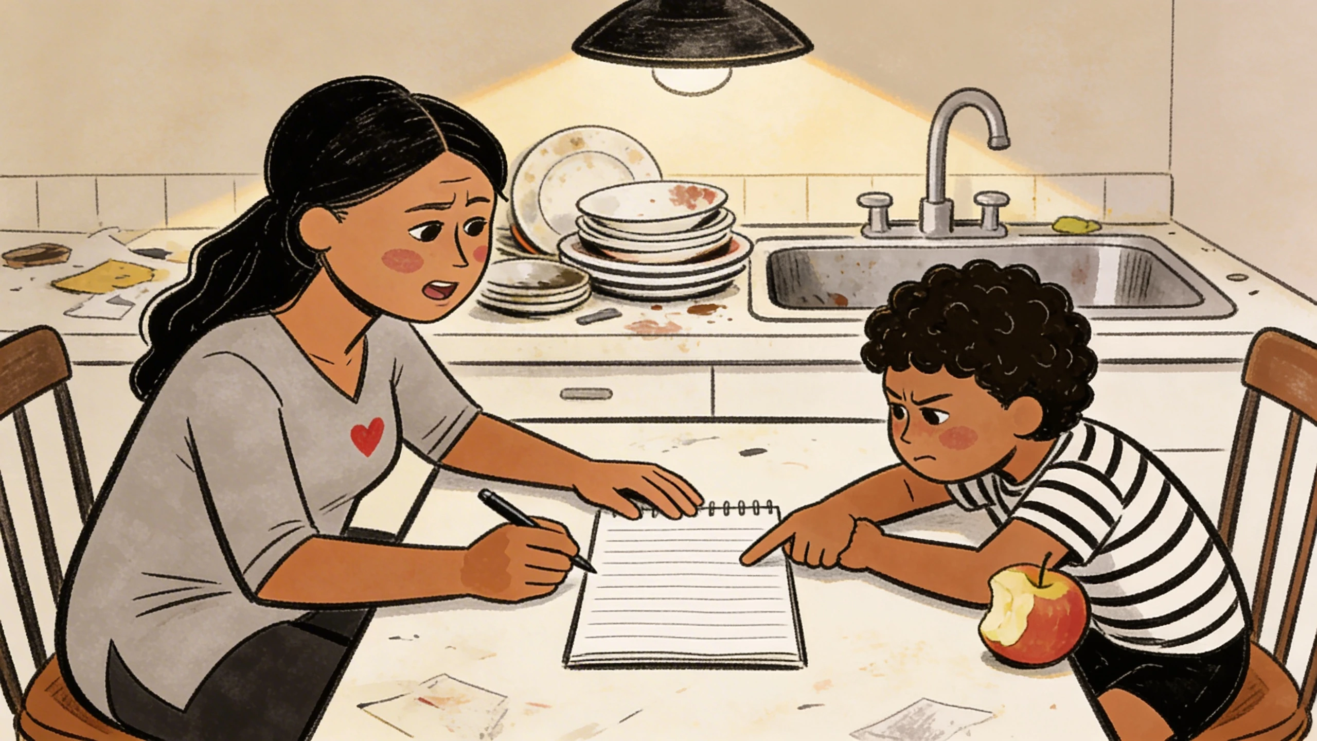 When to worry: a parent writes in a notebook at a messy kitchen table while a child points insistently.
