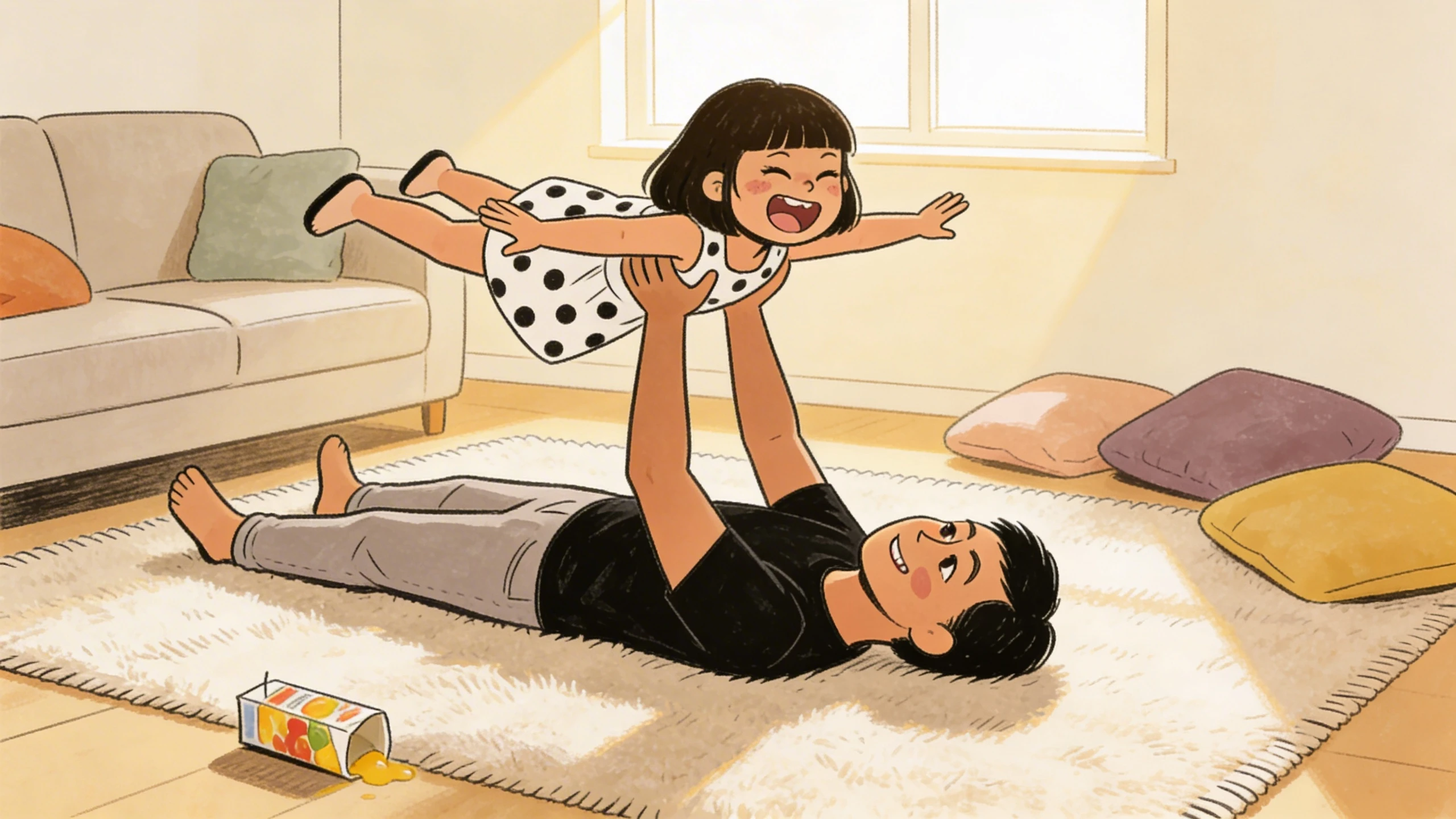A parent lying on a rug lifts a laughing child into the air with arms spread wide, juice box tipped over nearby.