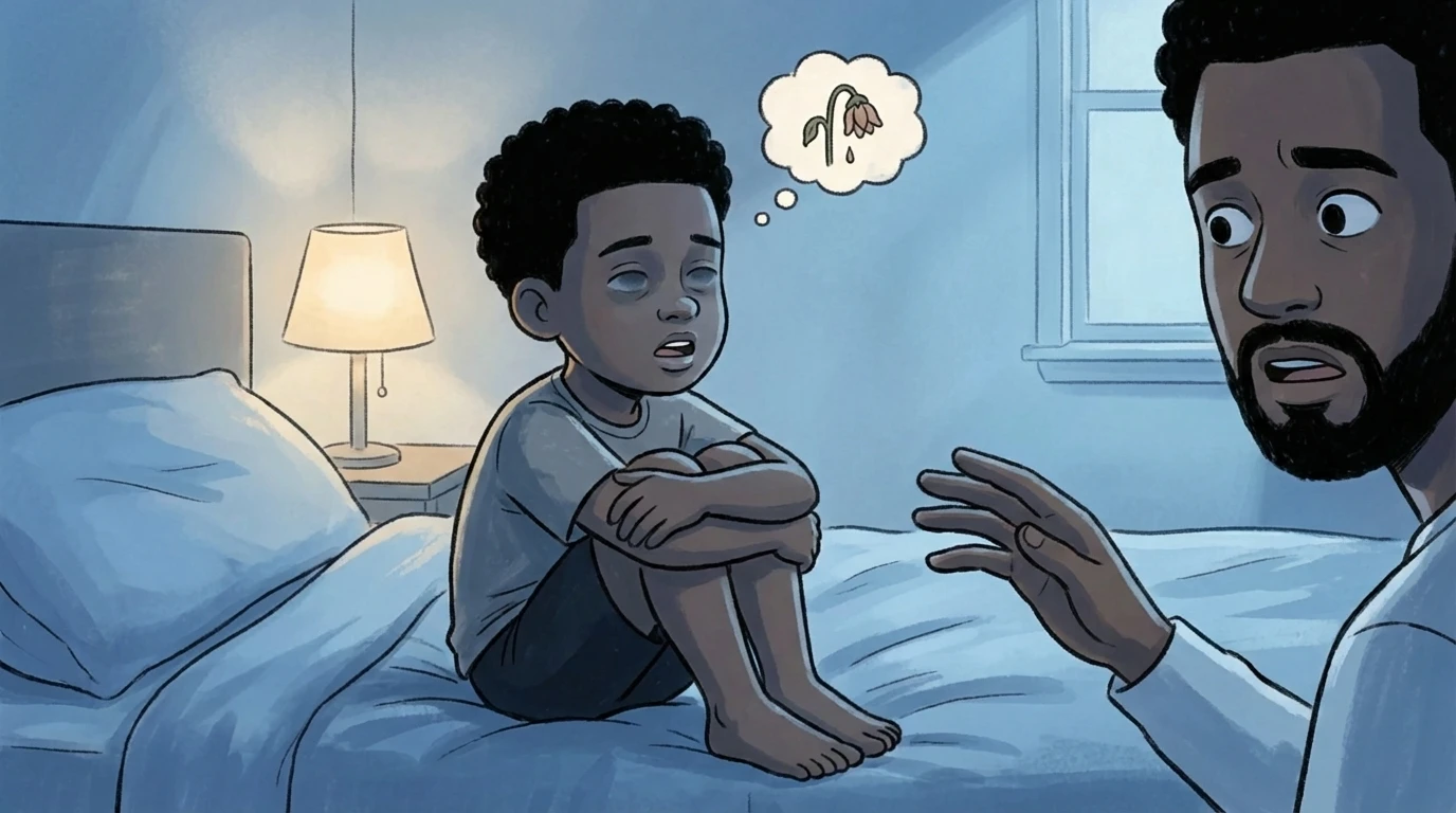 Child sitting on a bed with arms wrapped around knees as a father reaches out to respond in a dimly lit bedroom.