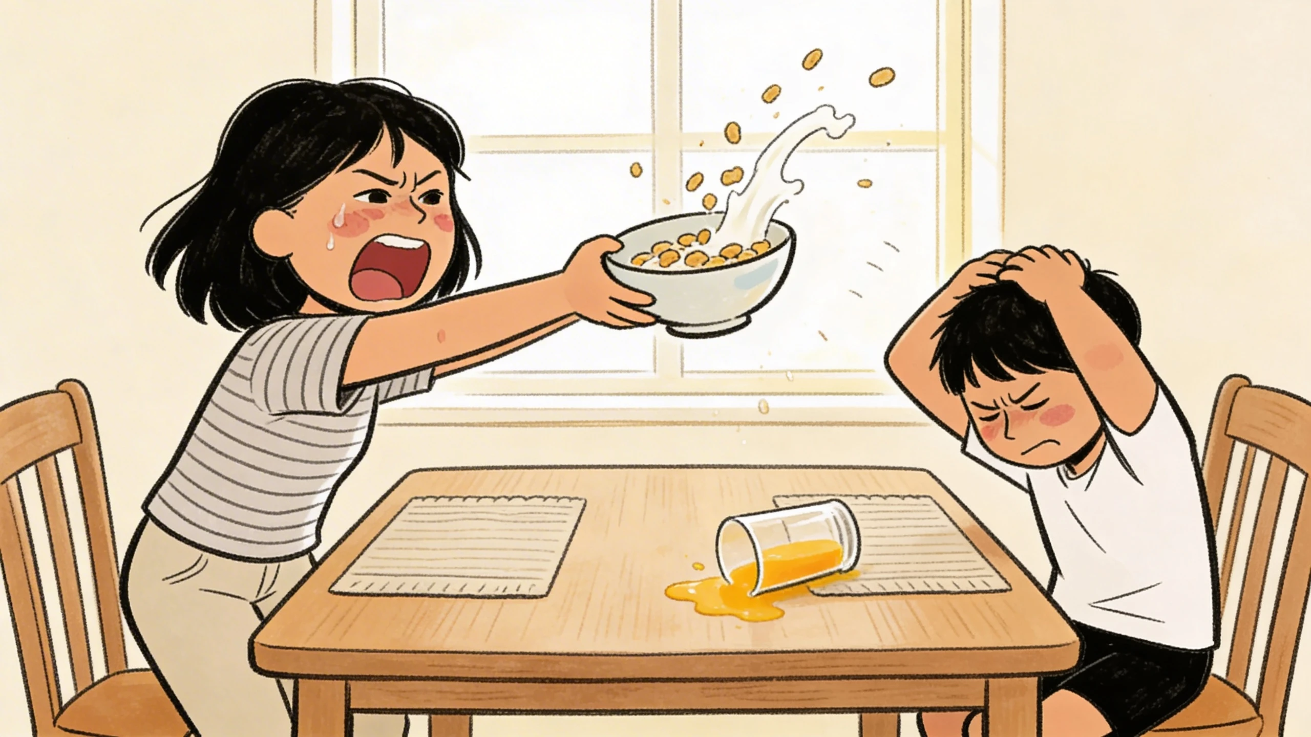 Child throwing a cereal bowl at kitchen table while sibling covers head near spilled juice
