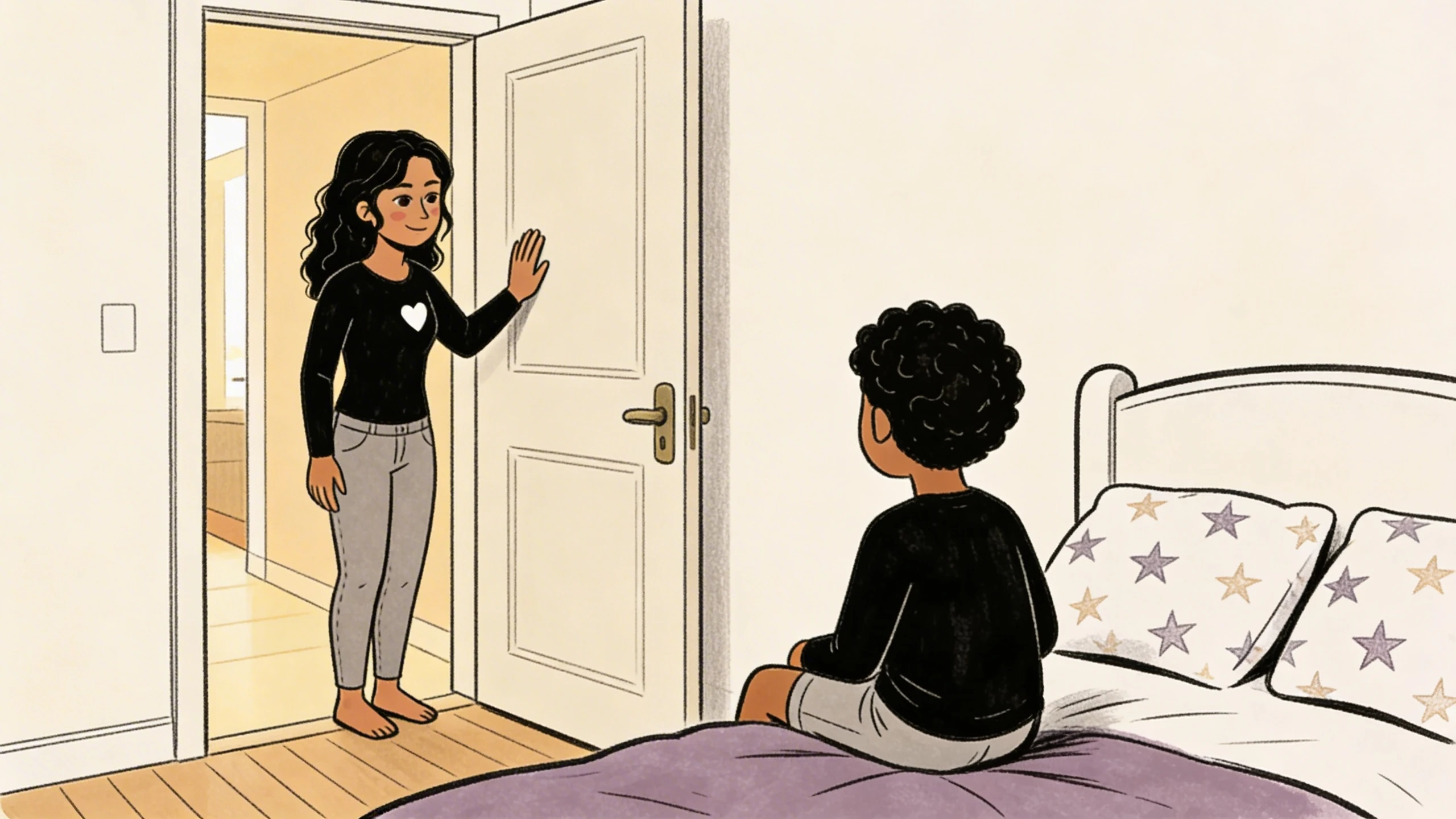 Mother standing in doorway waving to child sitting on bed with star-patterned pillows in bedroom