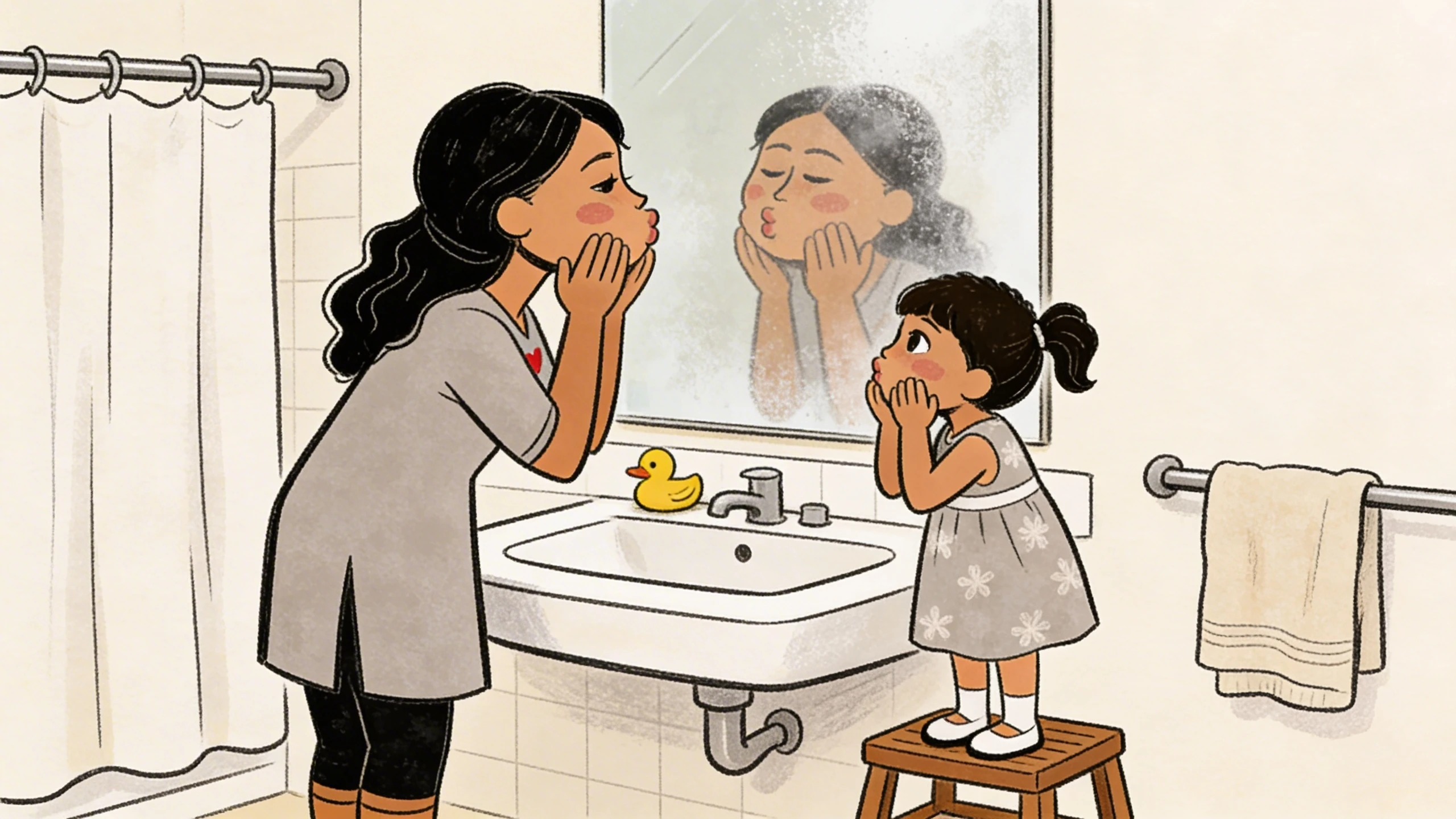 Mother and toddler on step stool pressing hands to cheeks together by bathroom sink with rubber duck