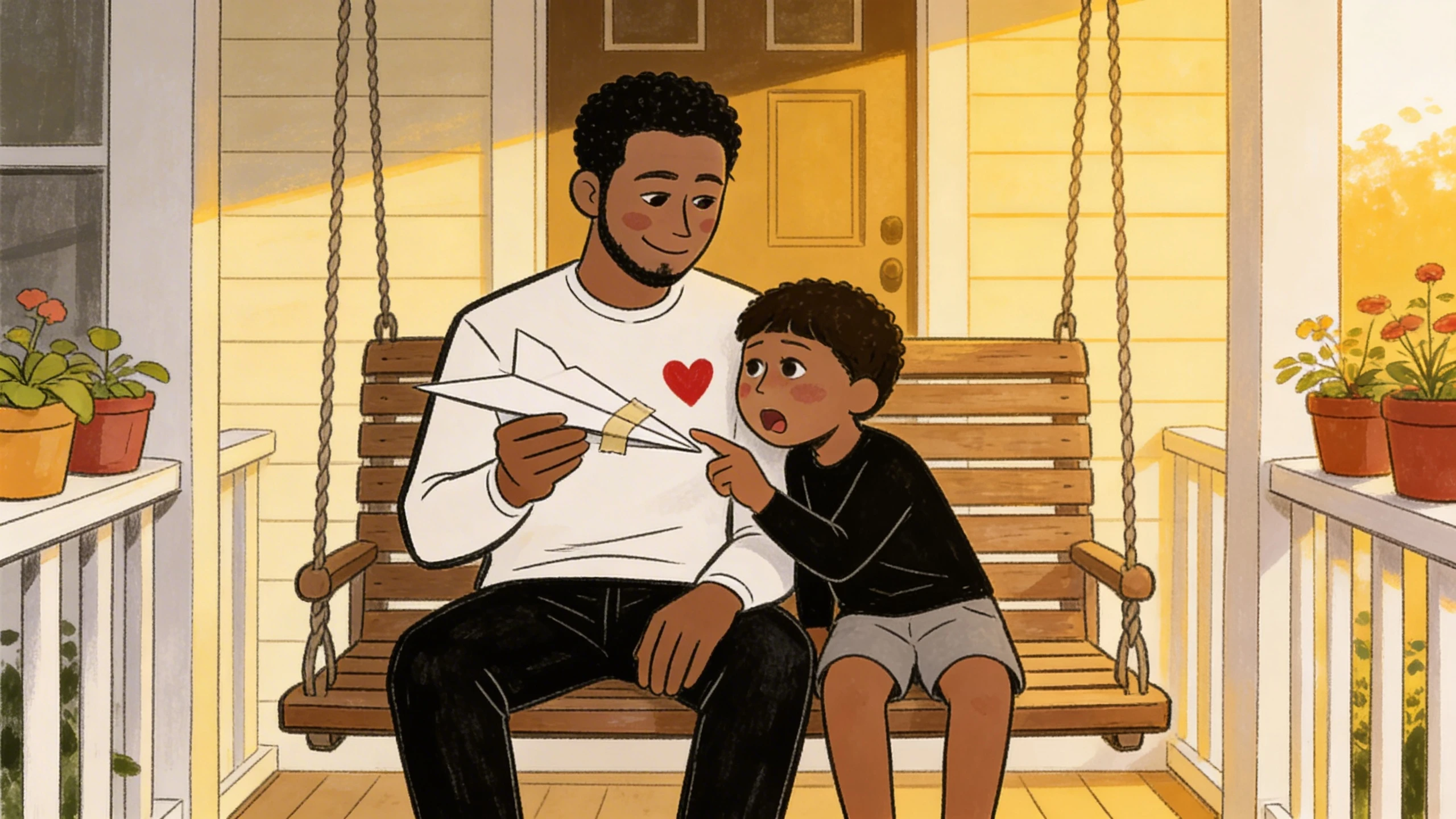 Father and young son sitting on porch swing folding a paper airplane together at sunset