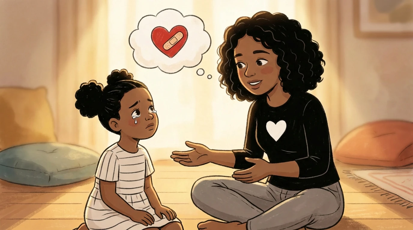 Mother sitting on the floor talking to her upset child with open hands in an emotion coaching moment.